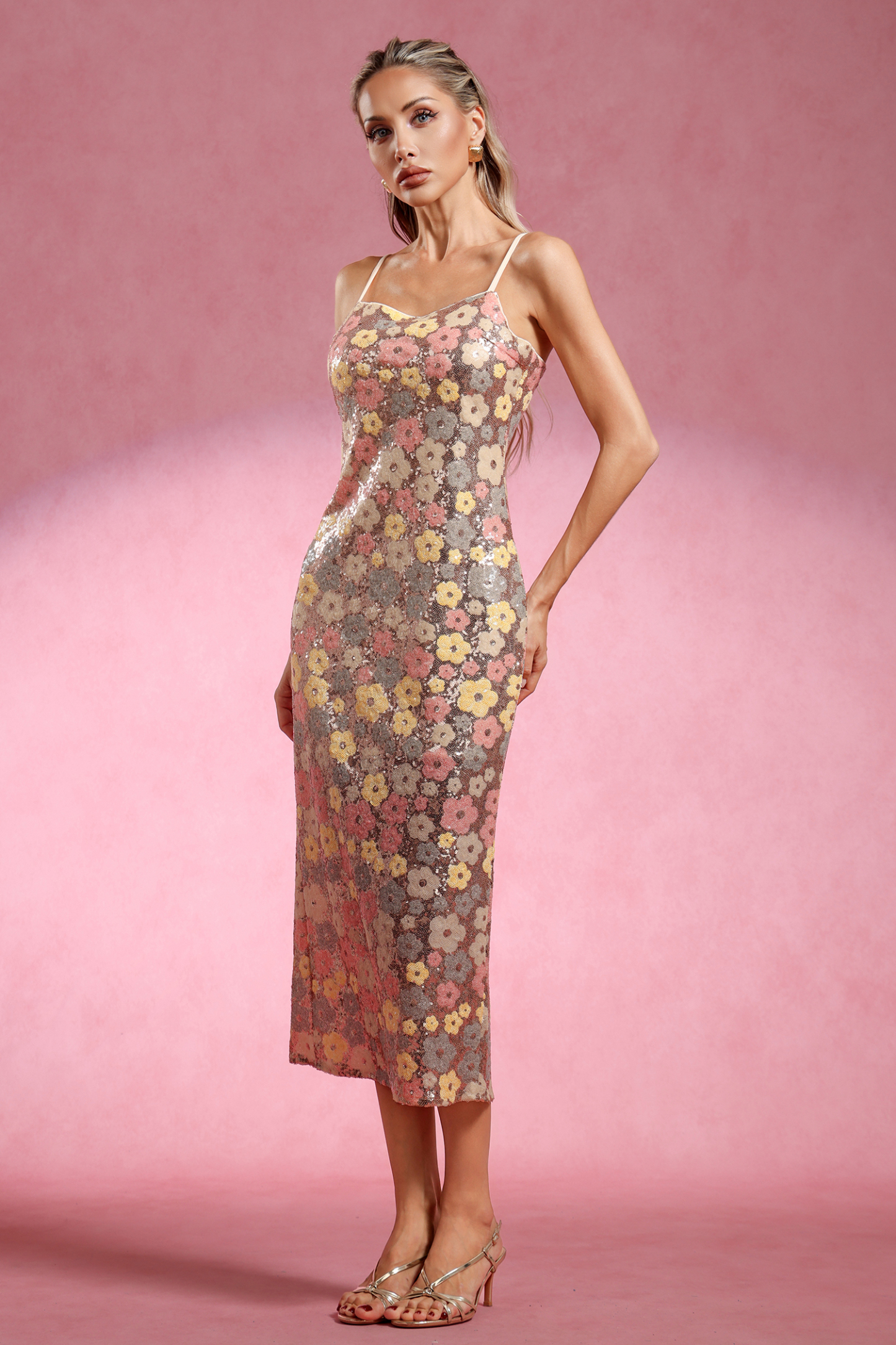 Kyli Sleeveless Flowers Sequin Maxi Dress
