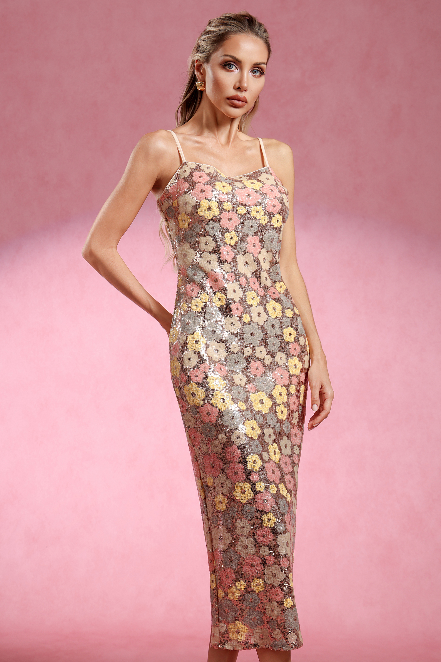 Kyli Sleeveless Flowers Sequin Maxi Dress