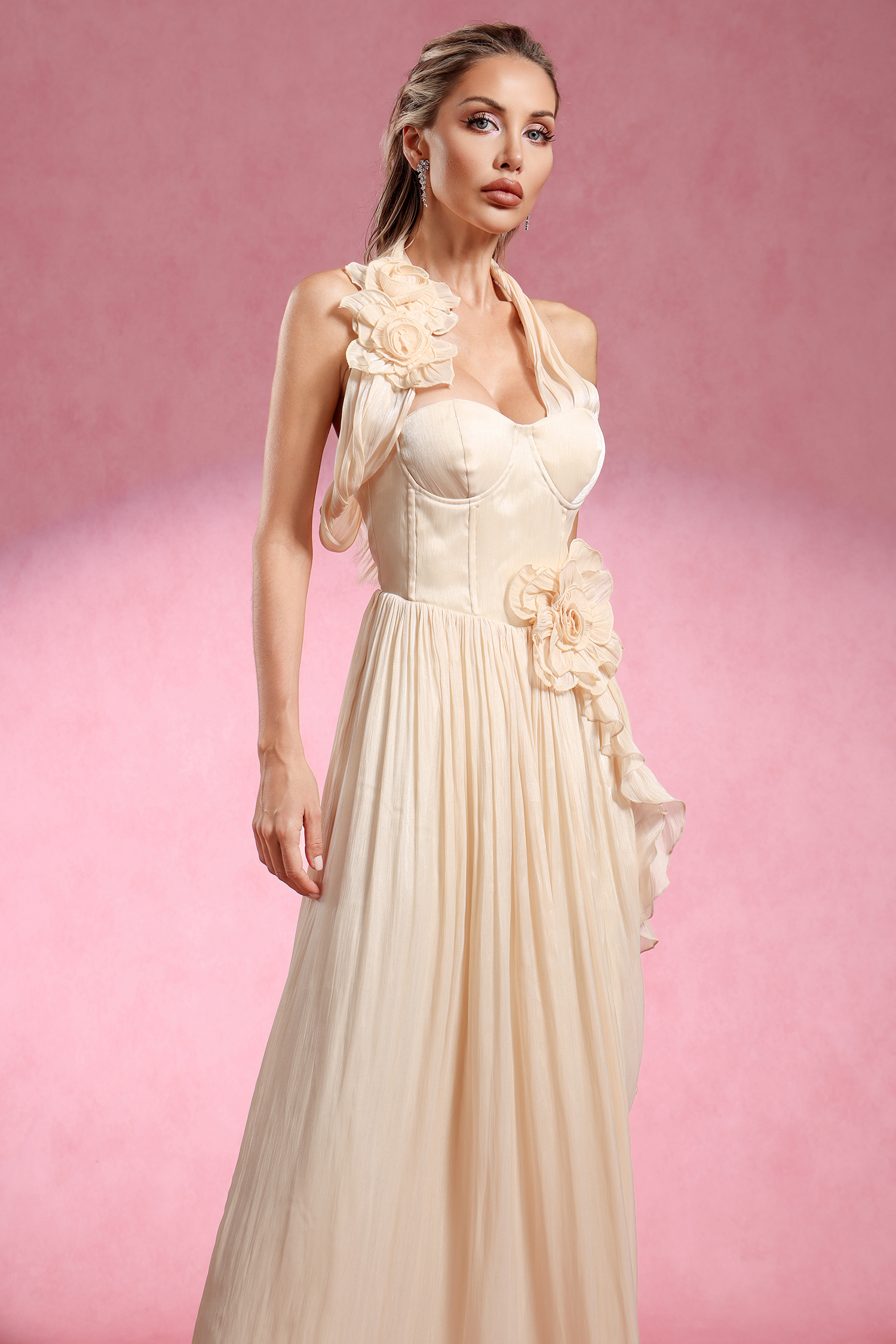 Davina Halter Sleeveless Flower Slit Maxi Dress