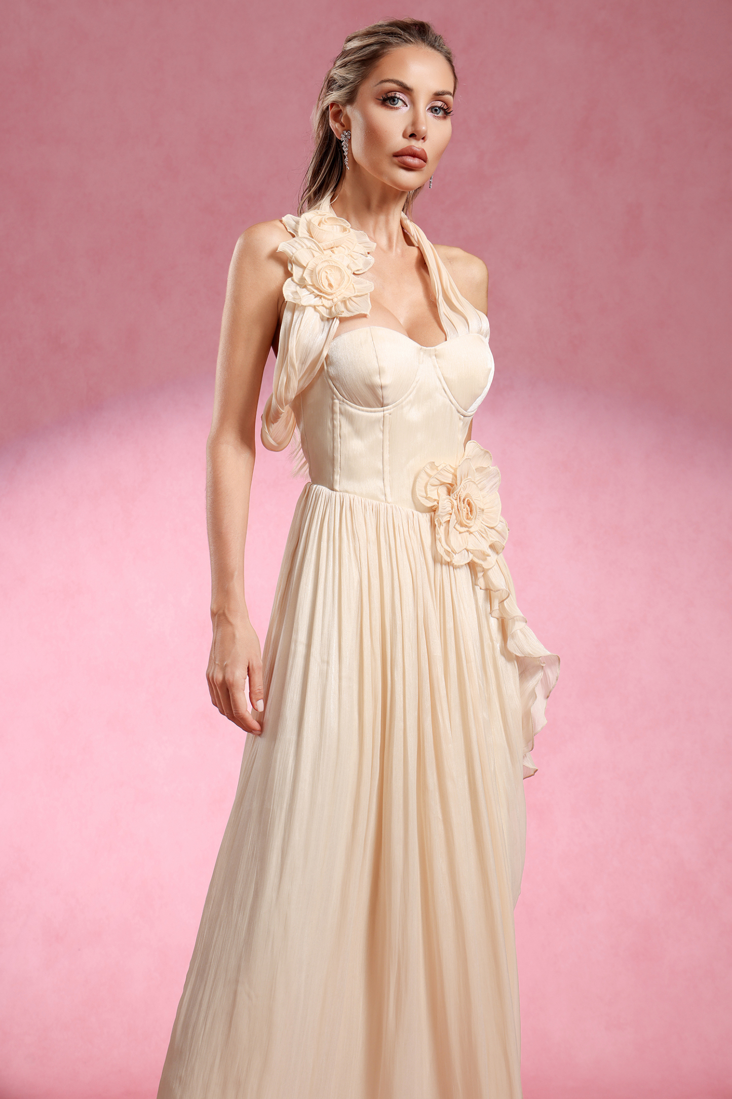 Davina Halter Sleeveless Flower Slit Maxi Dress