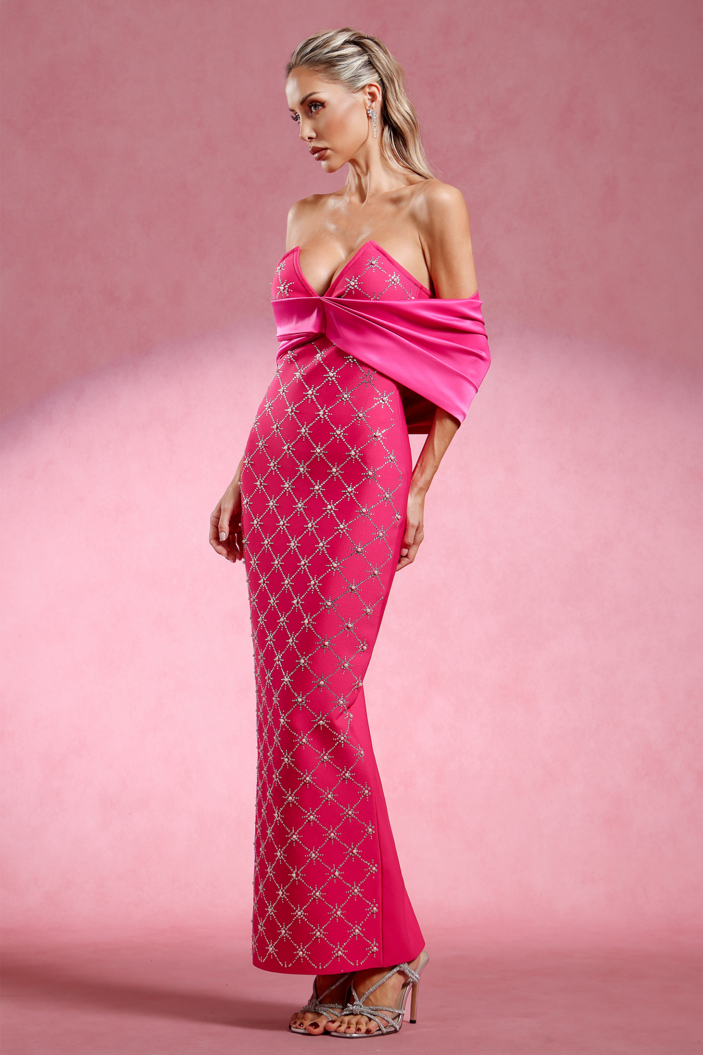 Haliya Off The Shoulder V Neck Diamond Bandage Maxi Dress