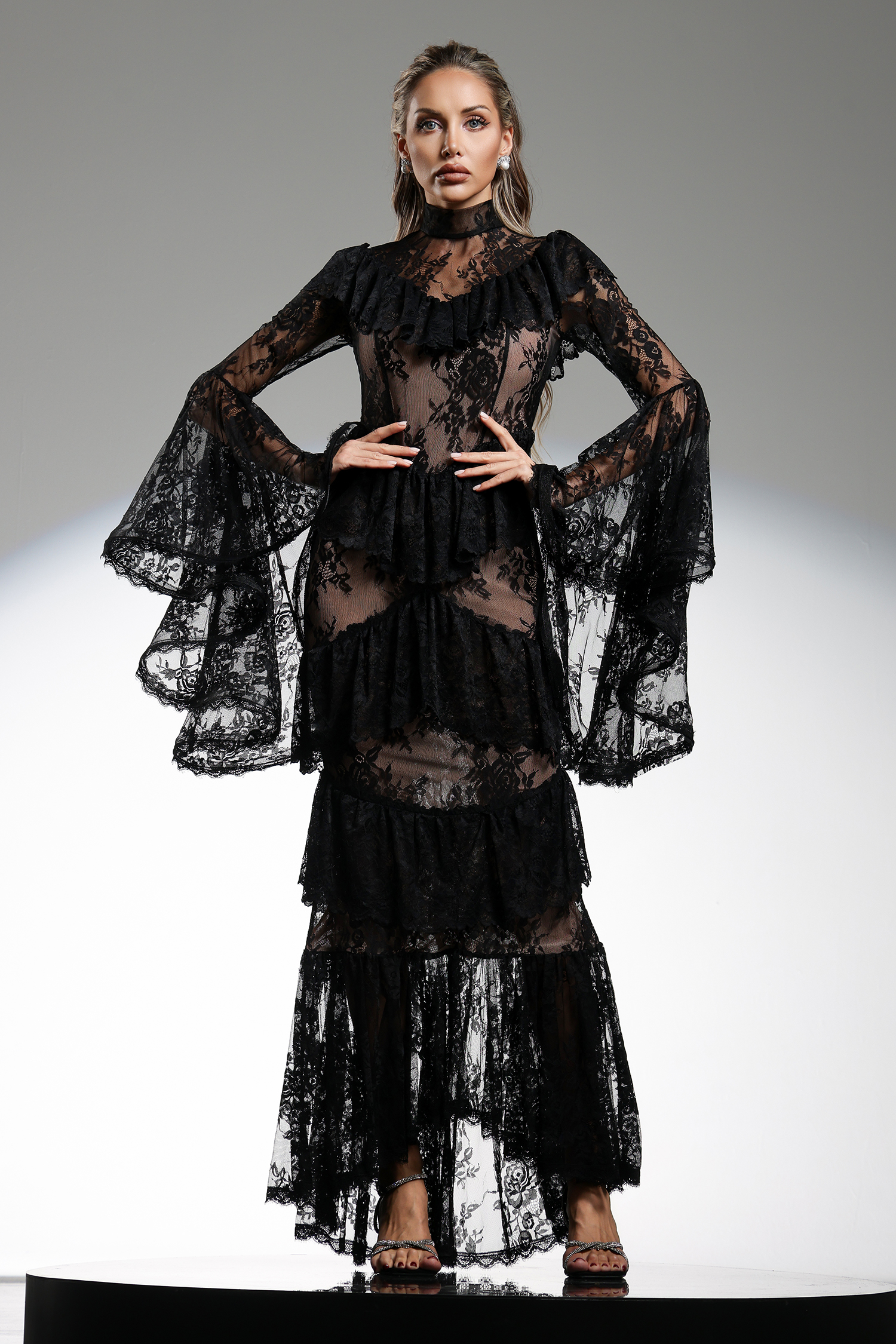 Malvina Long Sleeves Flounce Lace Maxi Dress