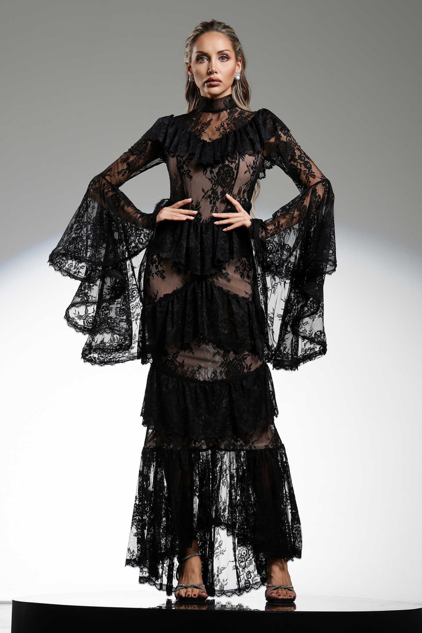 Malvina Long Sleeves Flounce Lace Maxi Dress