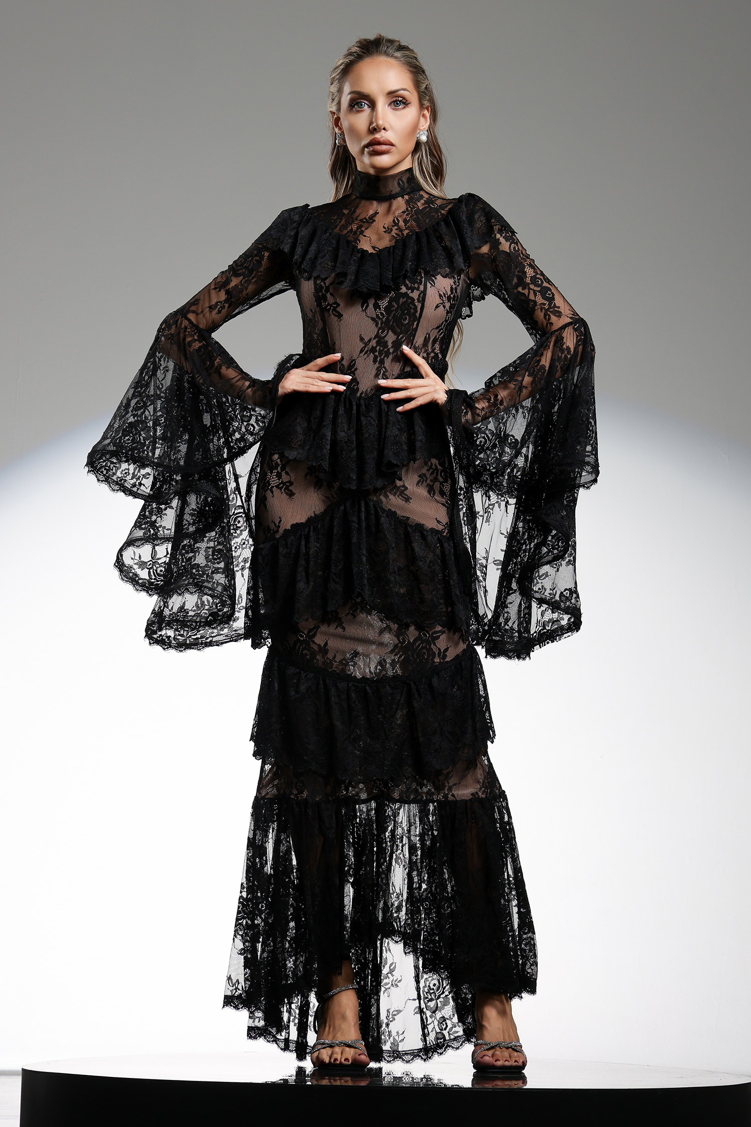 Malvina Long Sleeves Flounce Lace Maxi Dress