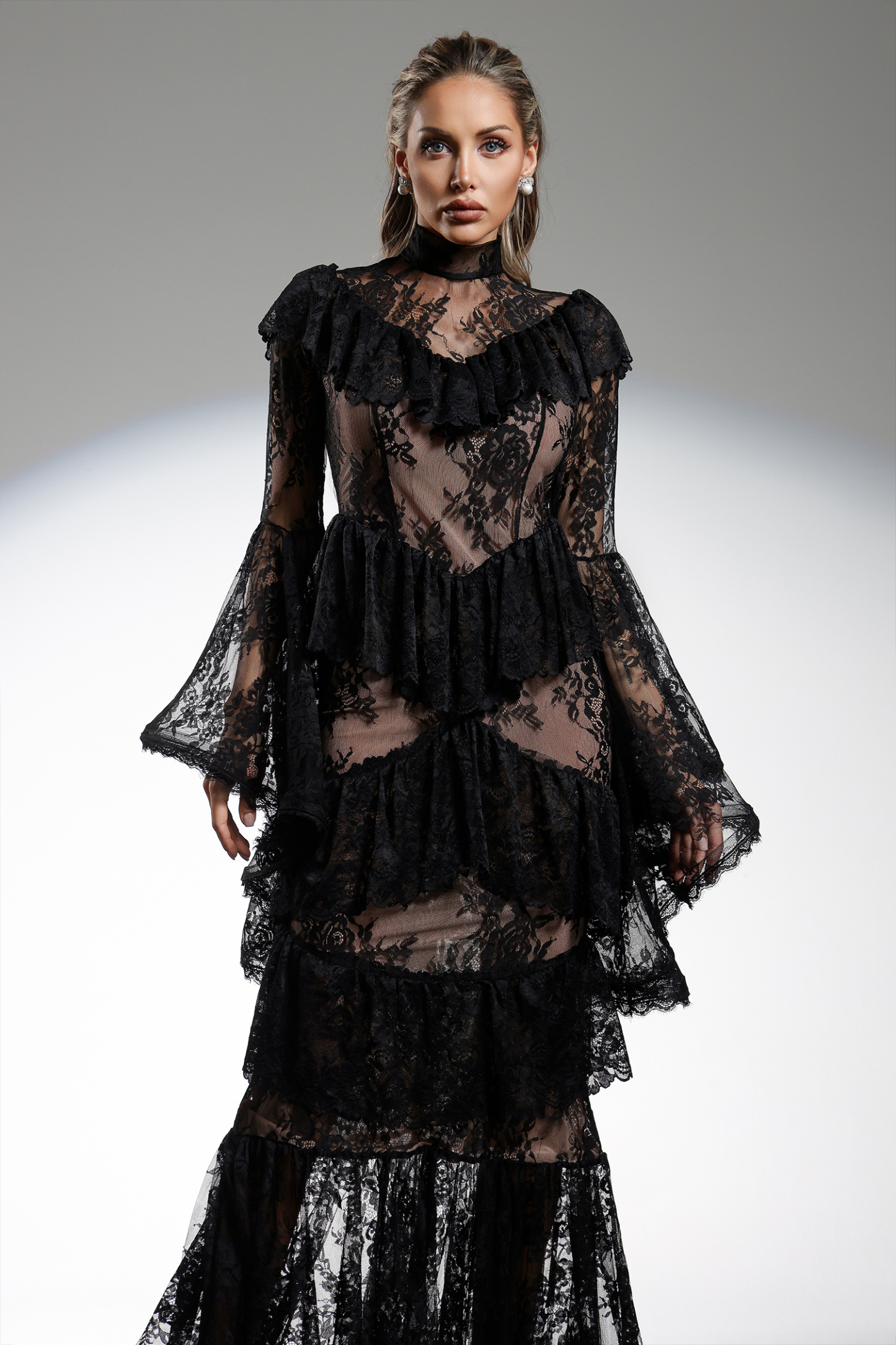 Malvina Long Sleeves Flounce Lace Maxi Dress