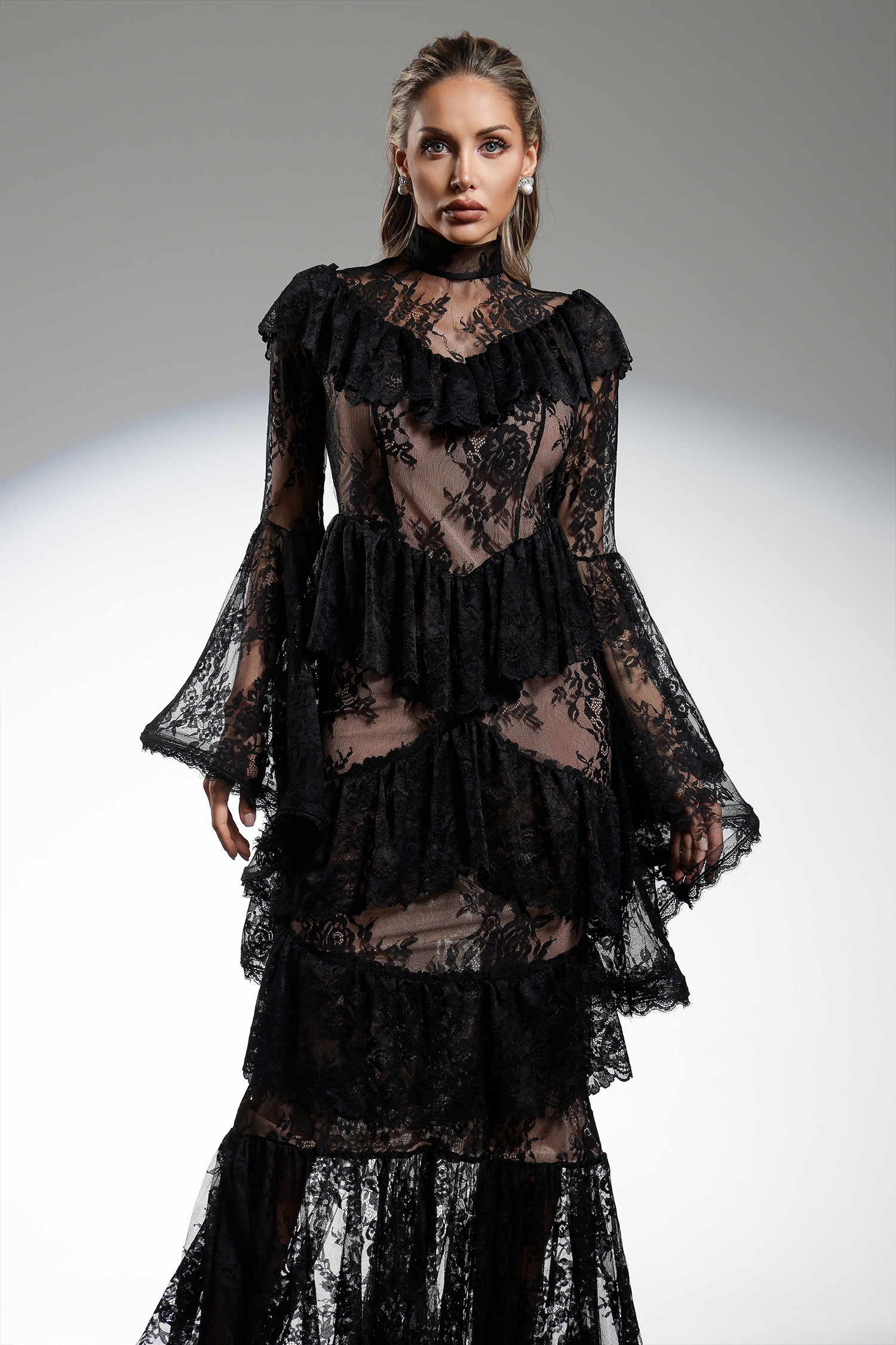 Malvina Long Sleeves Flounce Lace Maxi Dress