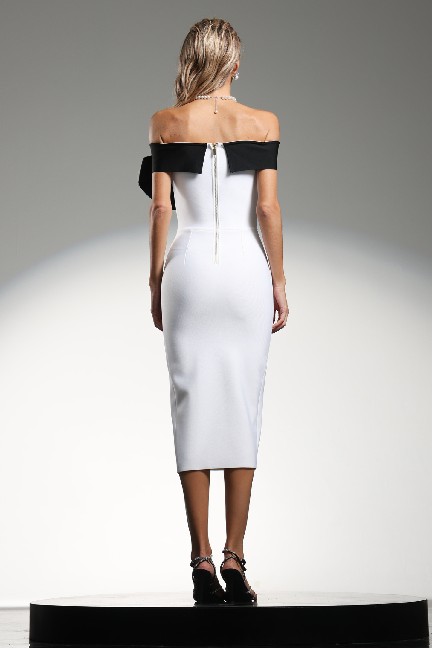 Locava Off The Shoulder Bow Contrast Color Bandage Midi Dress