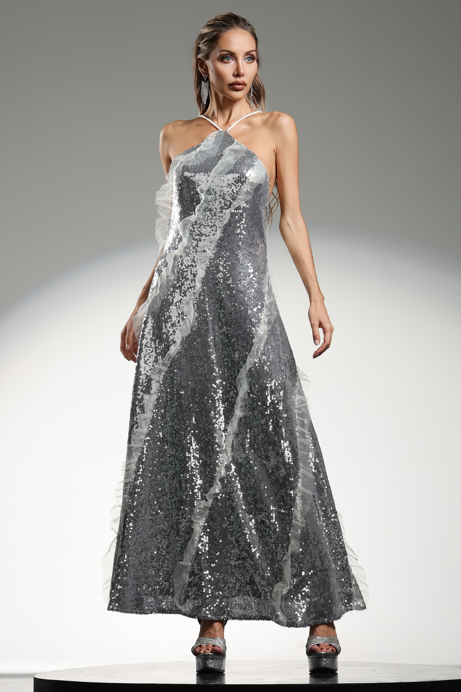 Dilara Sleeveless  Halter Sequins Ruffled Maxi Dress