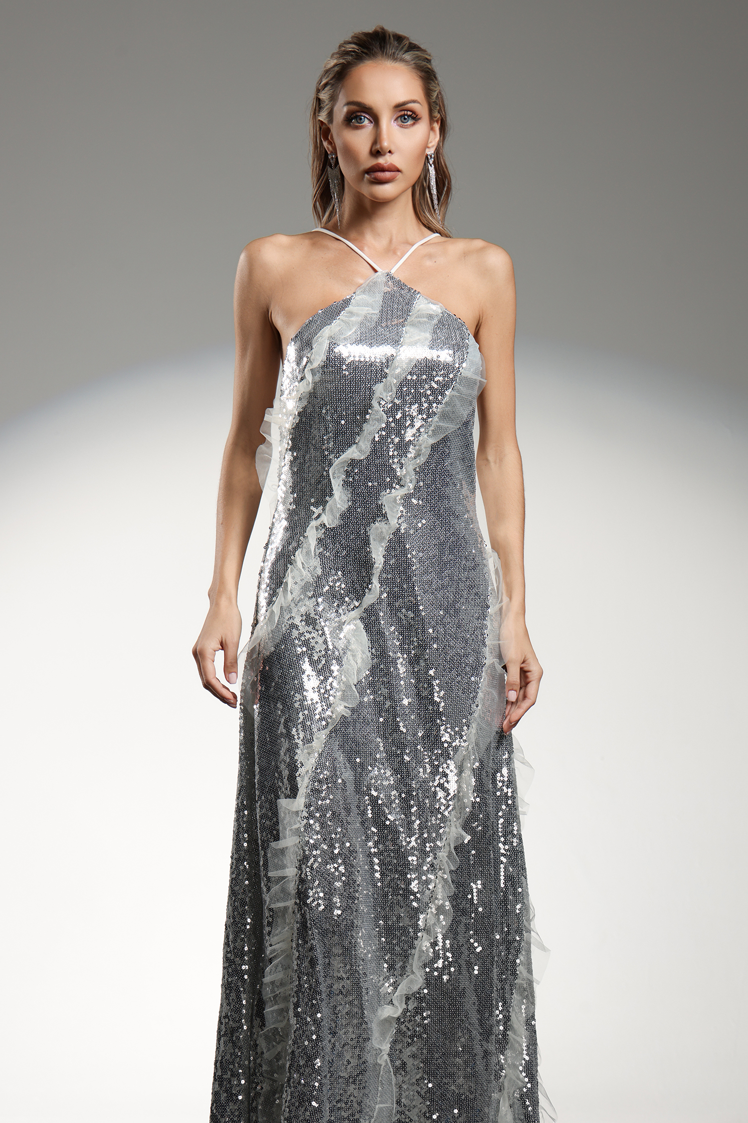 Dilara Sleeveless  Halter Sequins Ruffled Maxi Dress