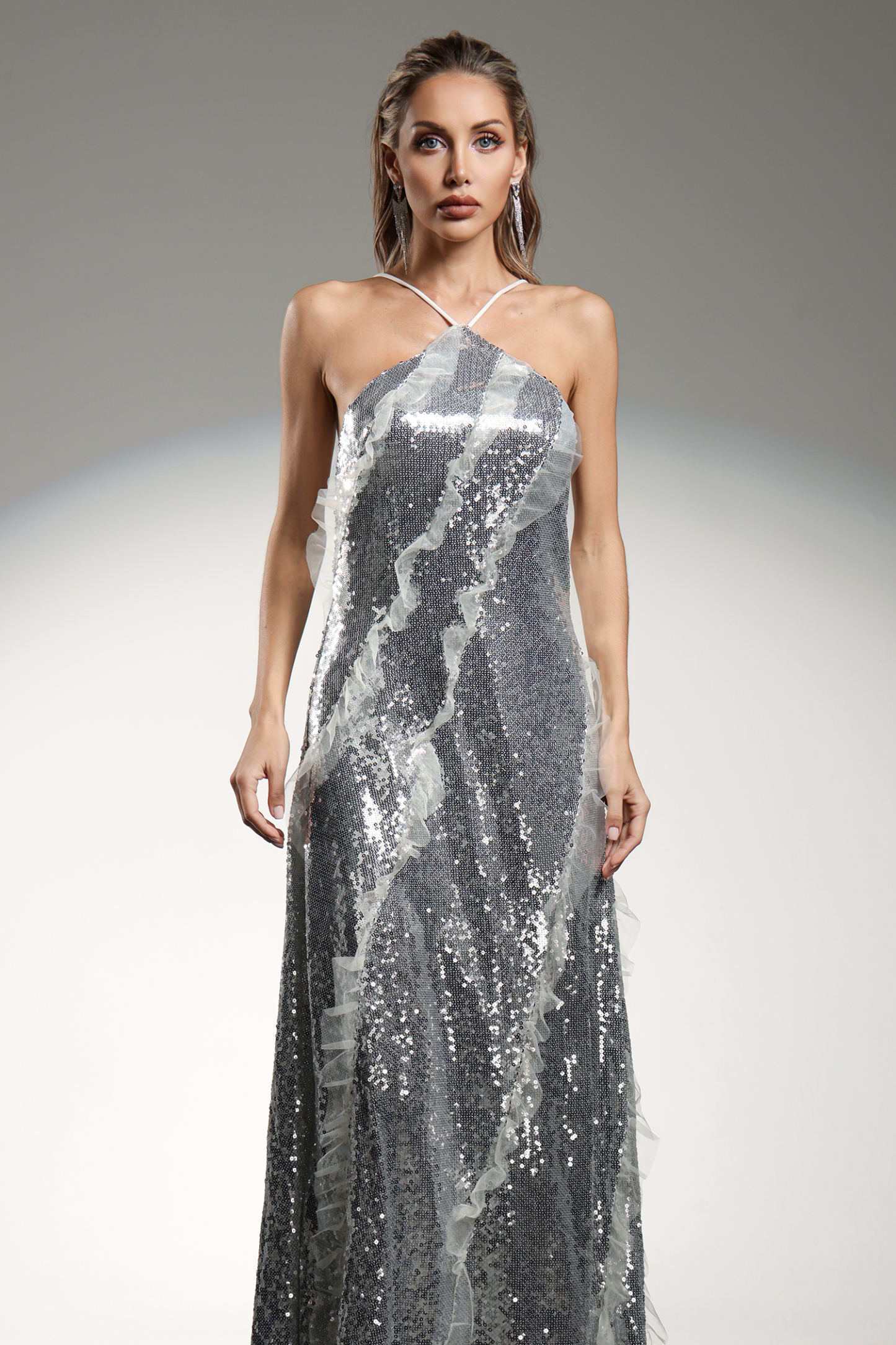 Dilara Sleeveless  Halter Sequins Ruffled Maxi Dress