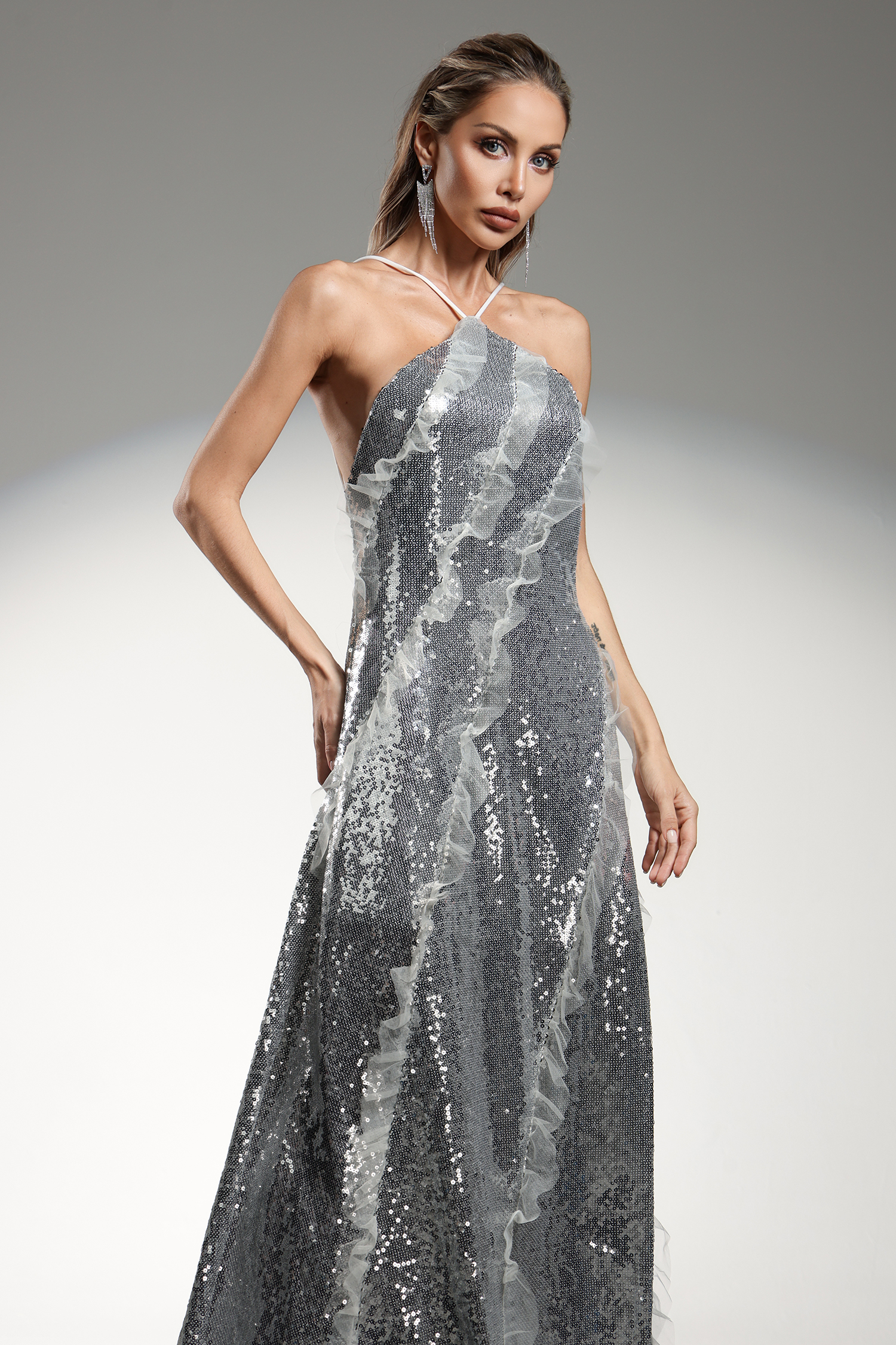 Dilara Sleeveless  Halter Sequins Ruffled Maxi Dress