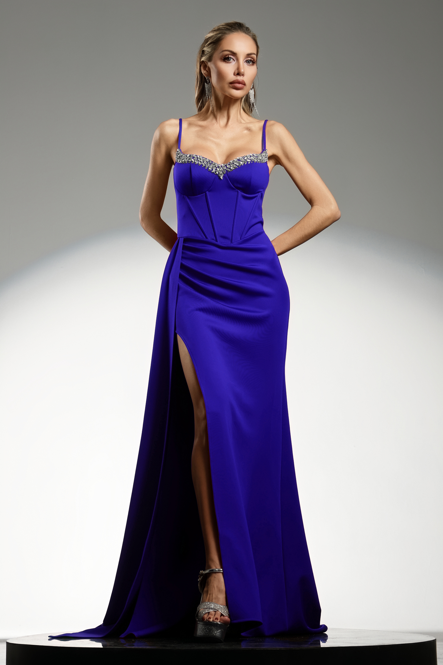 Ethel Sleeveless Strap Slit Diamond RoyalBlue Maxi Dress