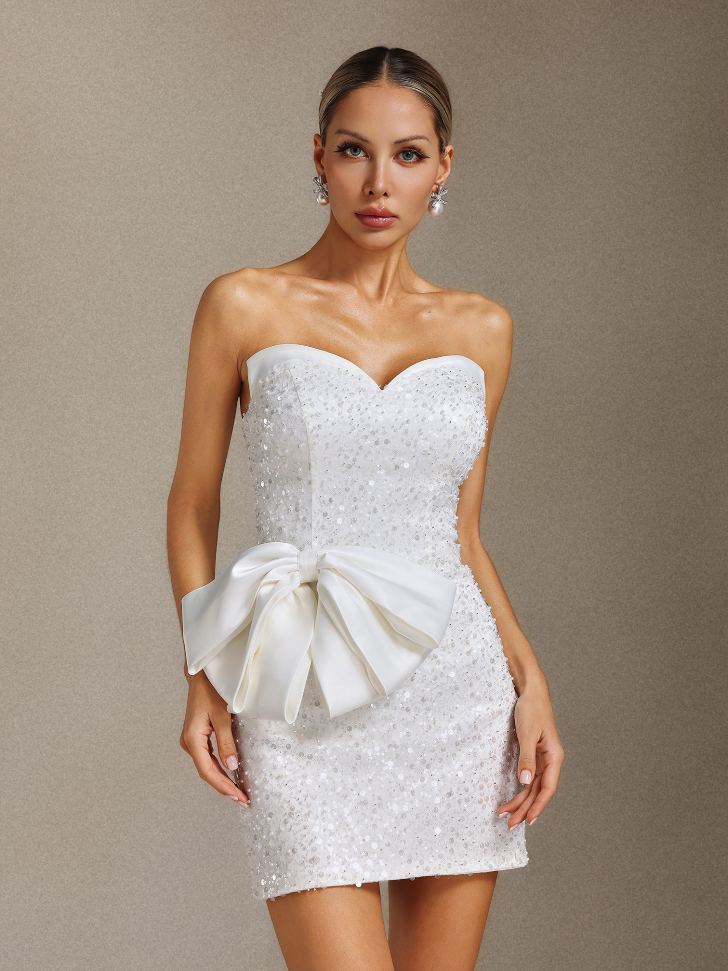 Enid Beaded sequined bow strapless mini dress