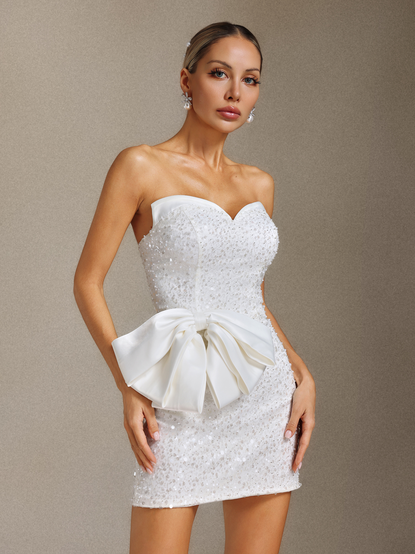 Enid Beaded sequined bow strapless mini dress