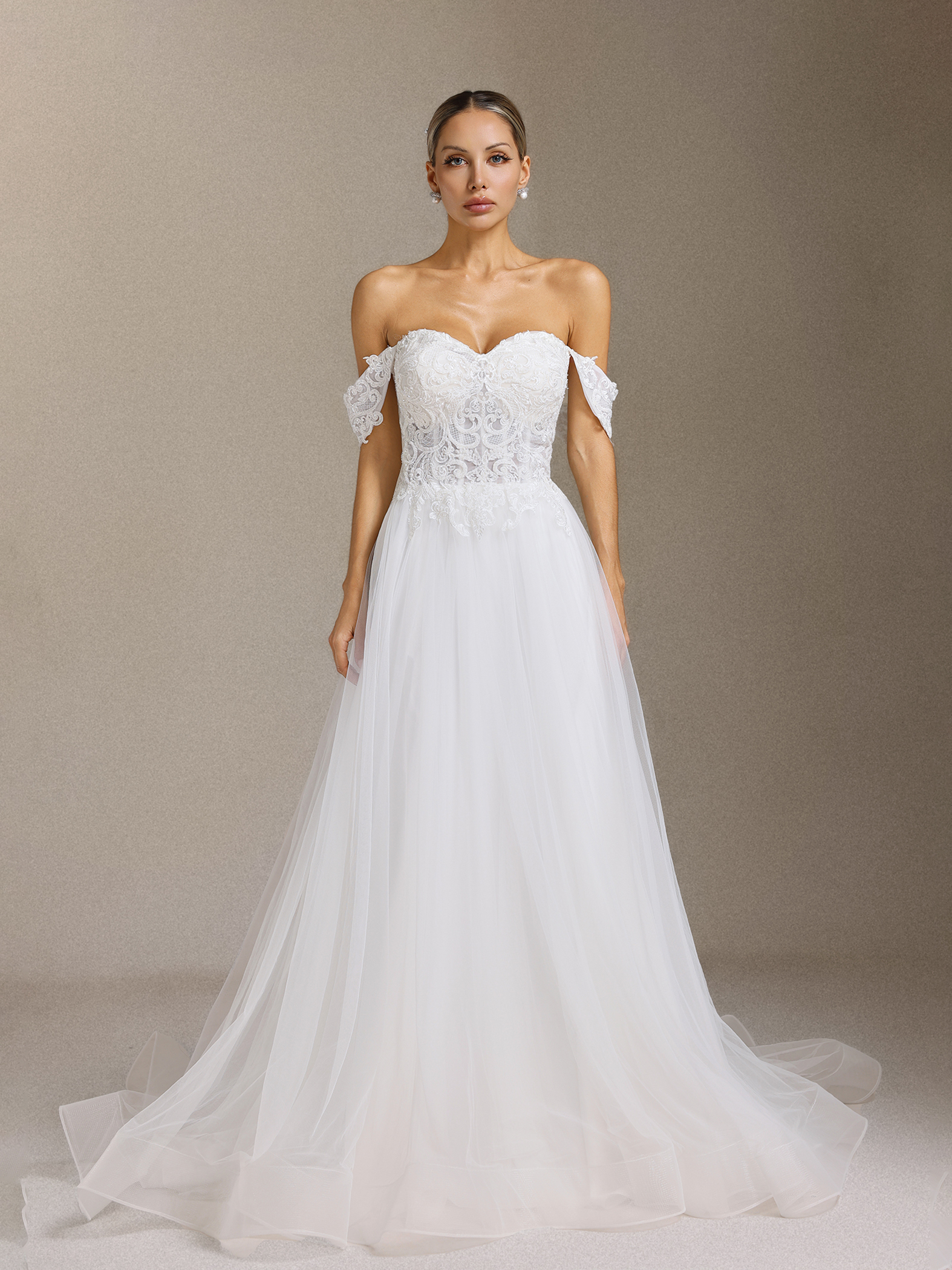 Lala Off-the-shoulder Lace Fish bone maxi wedding dress