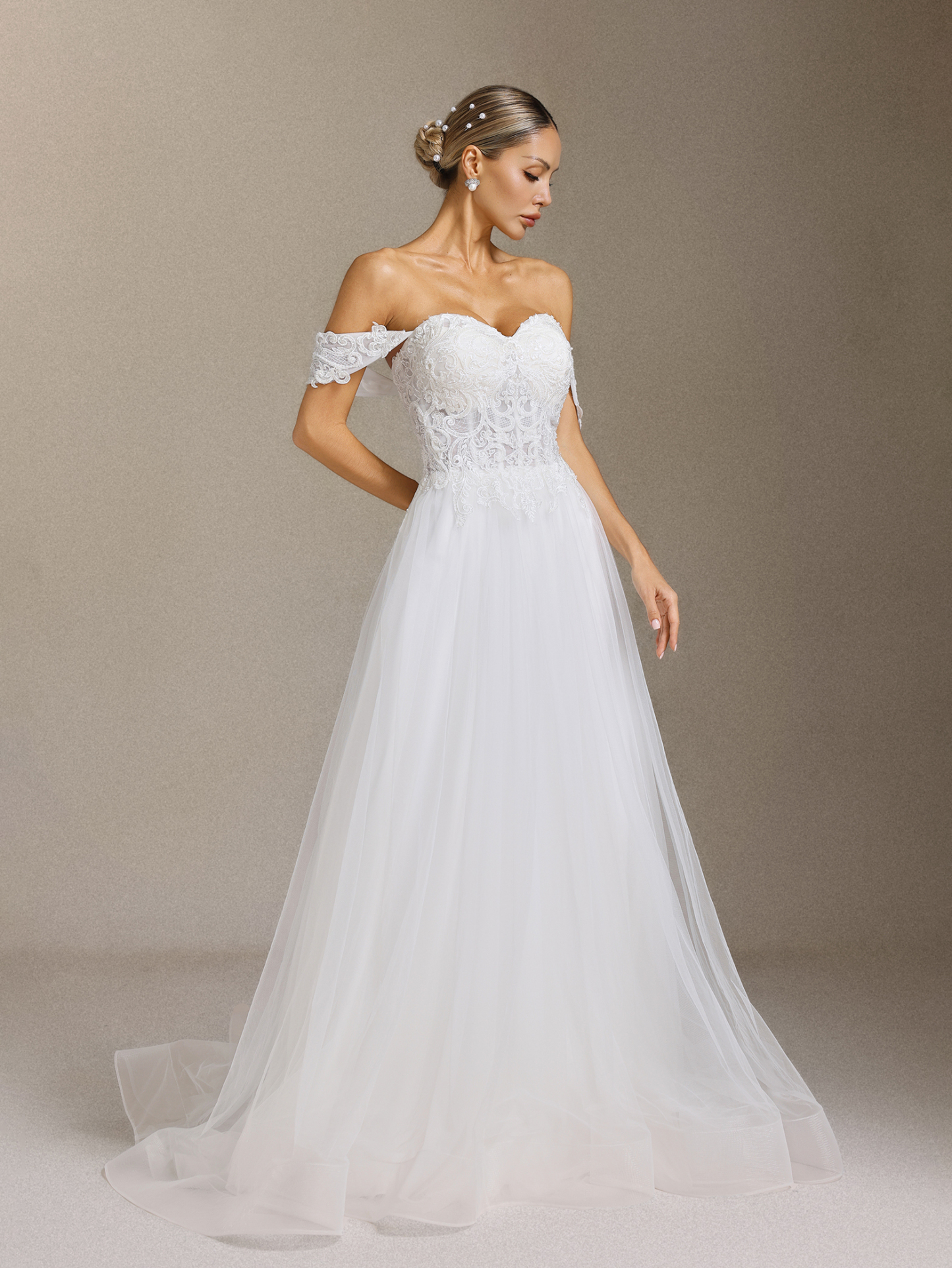 Lala Off-the-shoulder Lace Fish bone maxi wedding dress