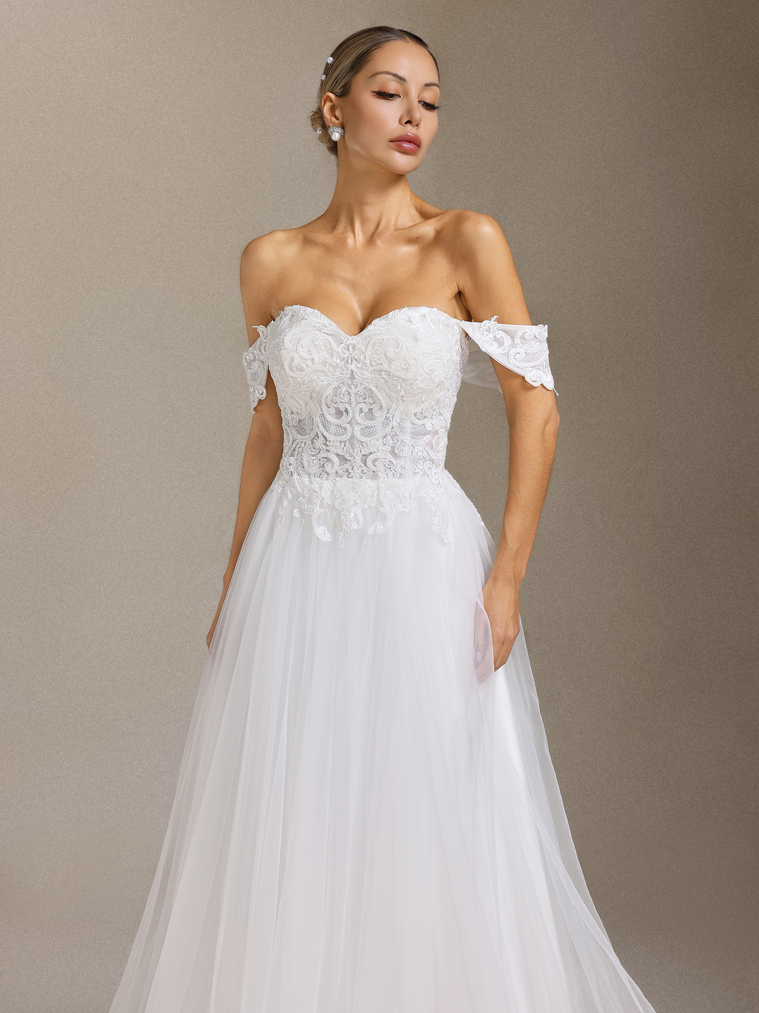Lala Off-the-shoulder Lace Fish bone maxi wedding dress
