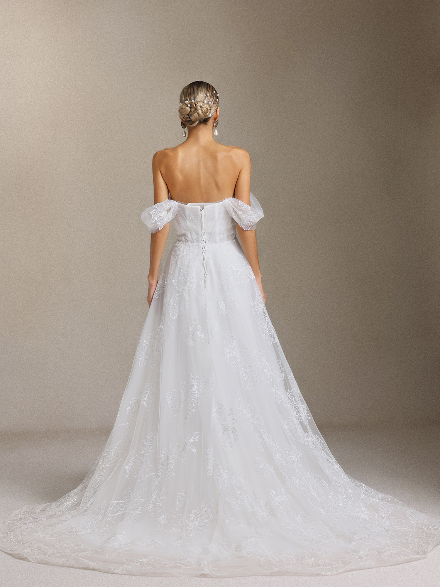 Liama Off-the-shoulder pearl flower lace Maxi wedding Dress