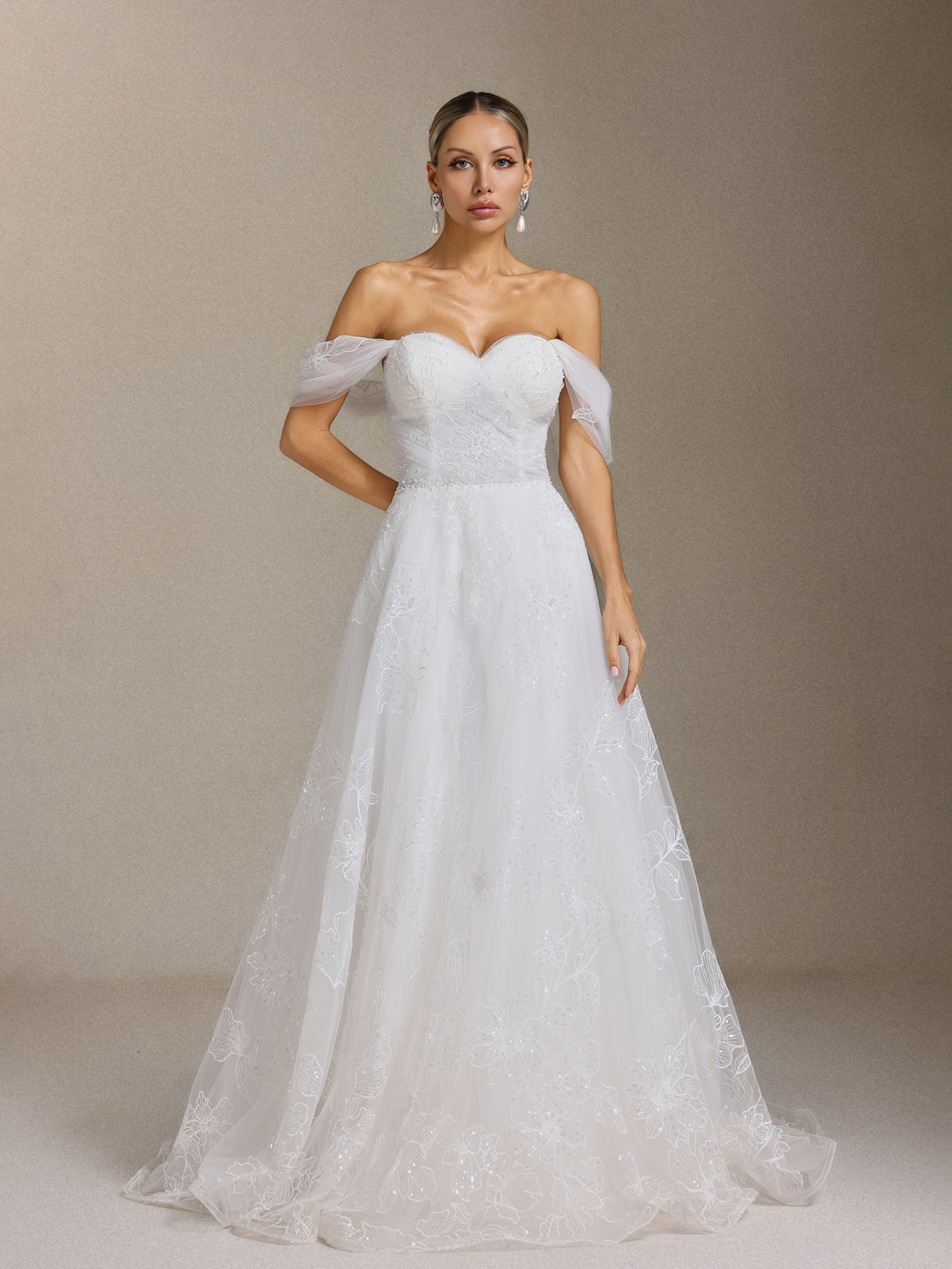 Liama Off-the-shoulder pearl flower lace Maxi wedding Dress