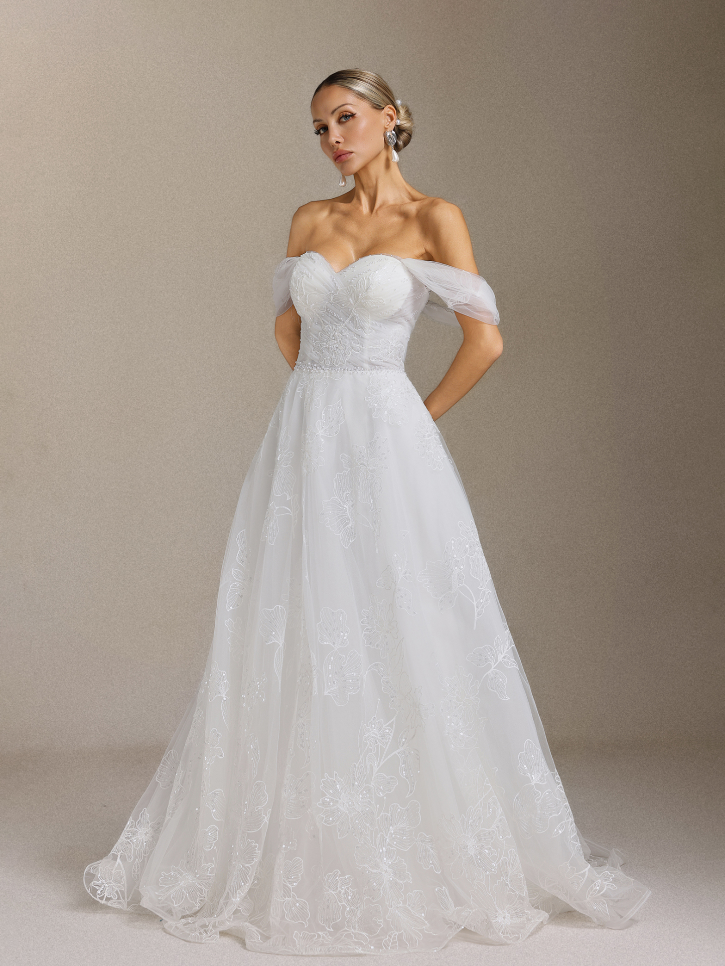 Liama Off-the-shoulder pearl flower lace Maxi wedding Dress
