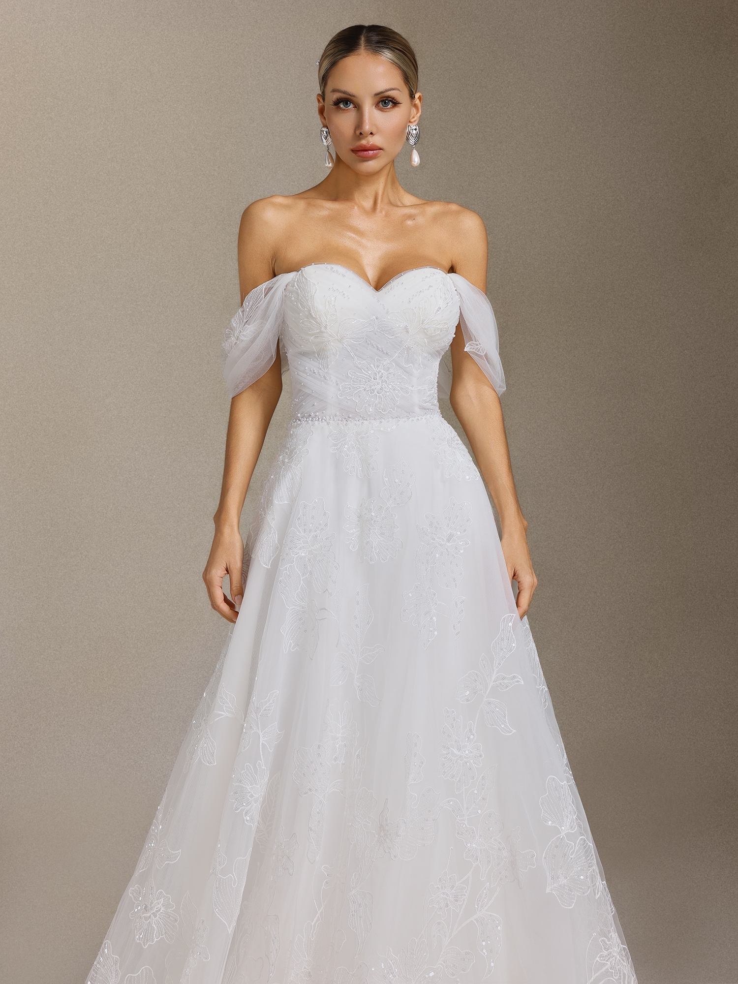 Liama Off-the-shoulder pearl flower lace Maxi wedding Dress