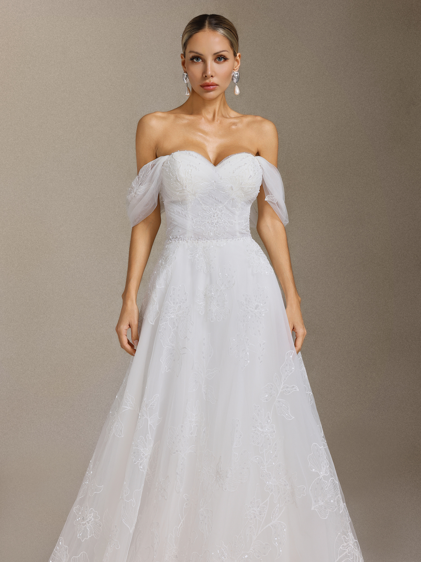 Liama Off-the-shoulder pearl flower lace Maxi wedding Dress