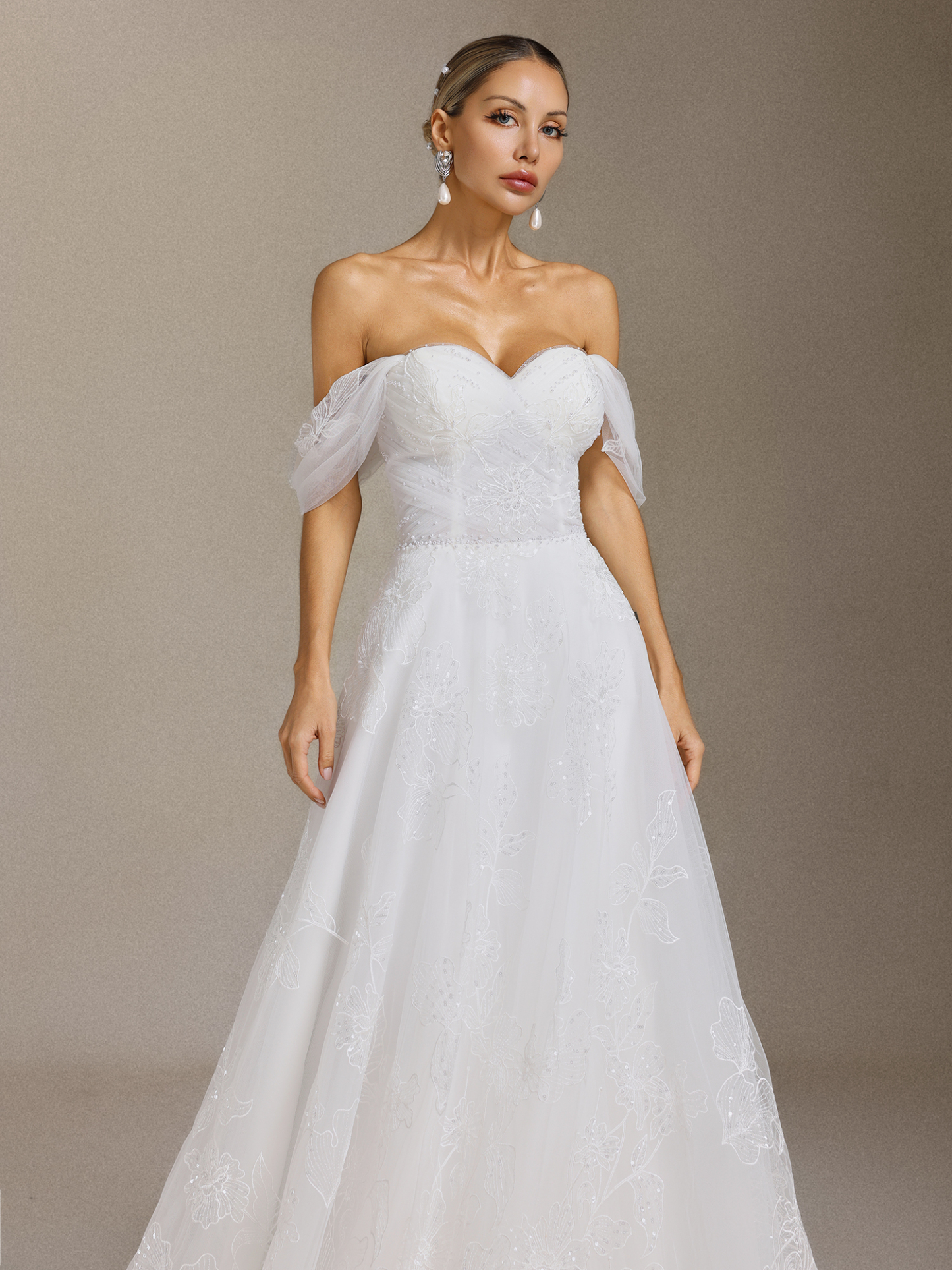 Liama Off-the-shoulder pearl flower lace Maxi wedding Dress