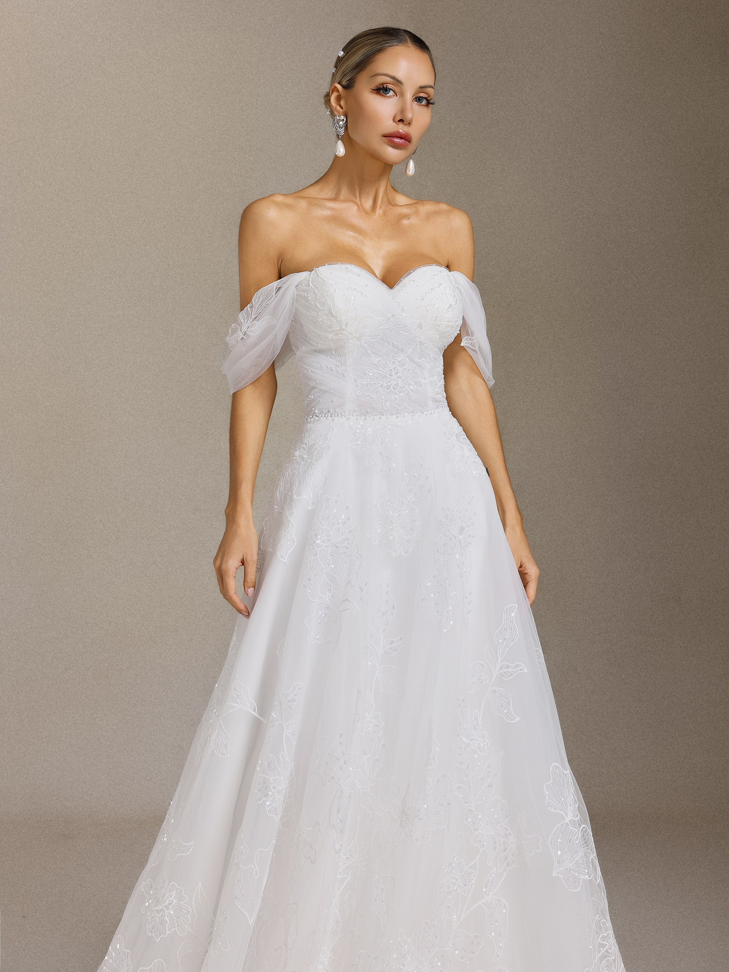 Liama Off-the-shoulder pearl flower lace Maxi wedding Dress