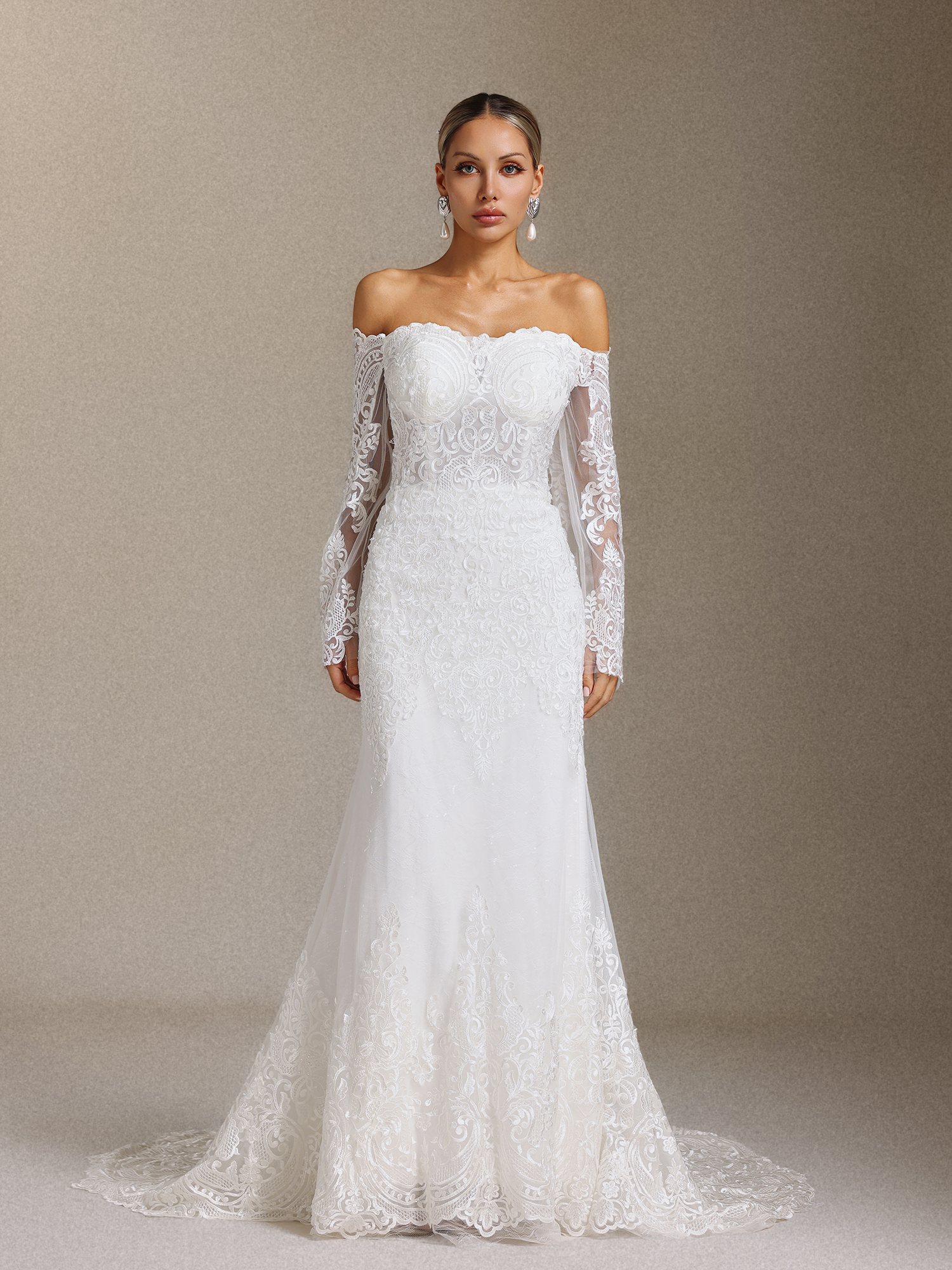 Lanla Off-the-shoulder lace long-sleeved fitted maxi wedding dress