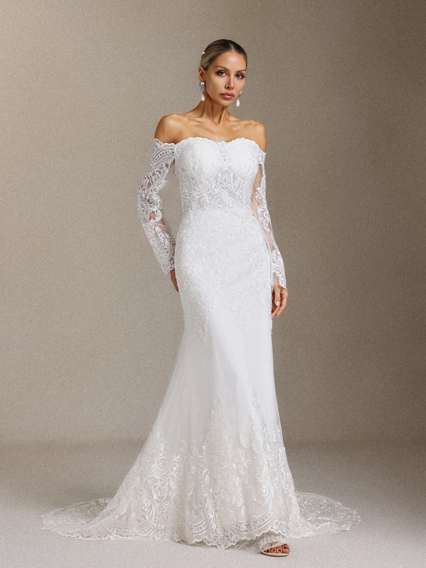 Lanla Off-the-shoulder lace long-sleeved fitted maxi wedding dress