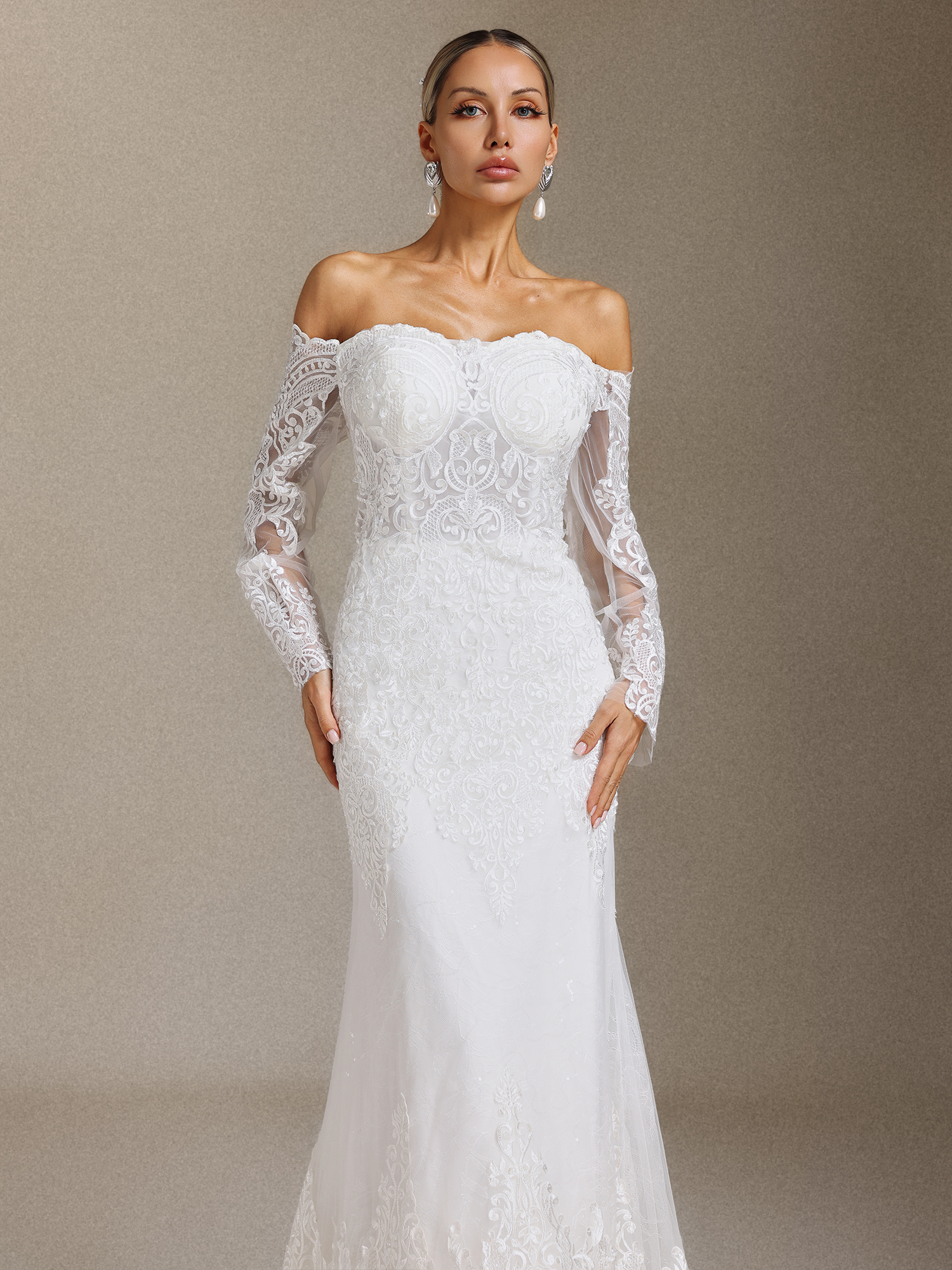 Lanla Off-the-shoulder lace long-sleeved fitted maxi wedding dress