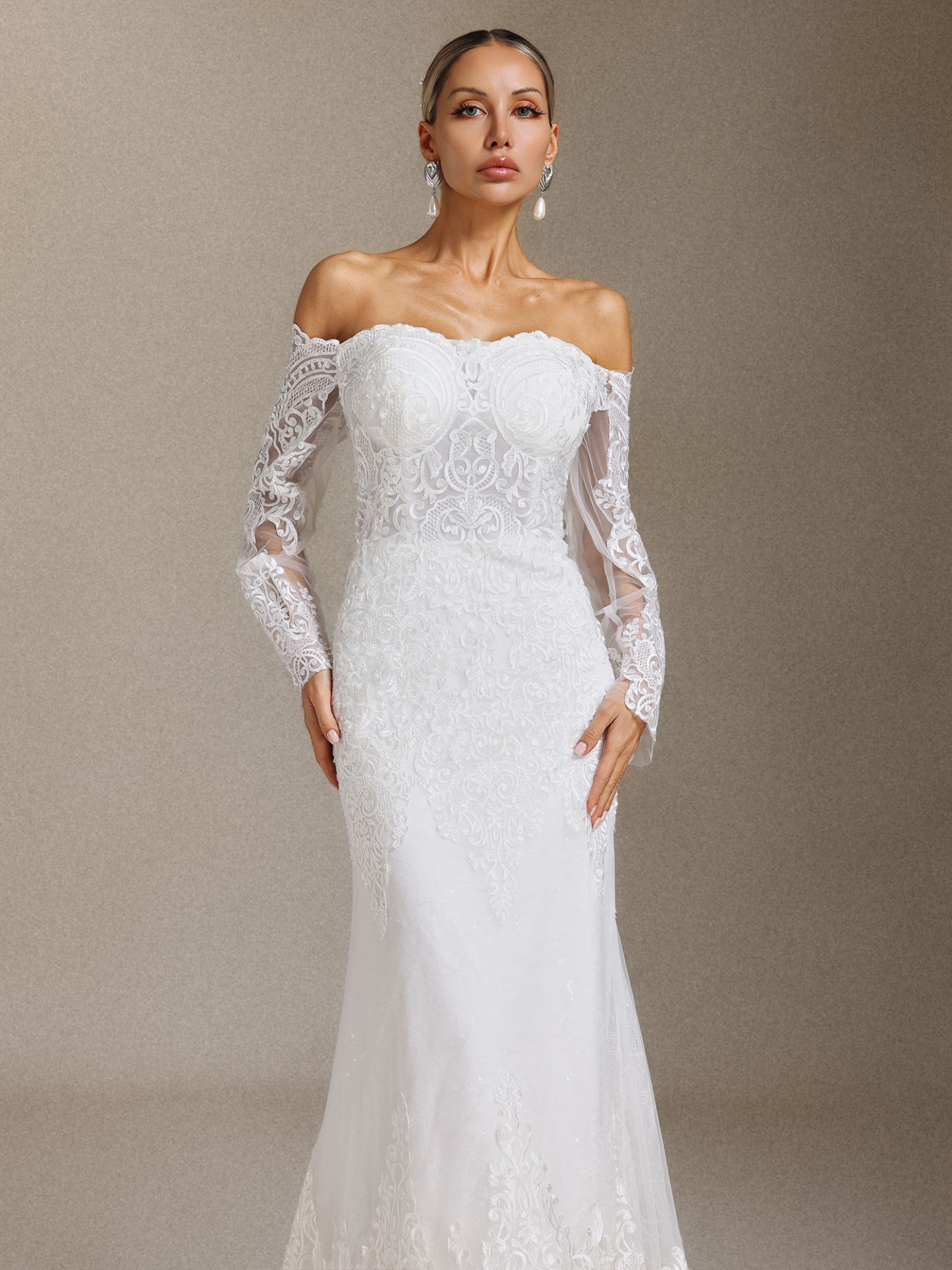 Lanla Off-the-shoulder lace long-sleeved fitted maxi wedding dress