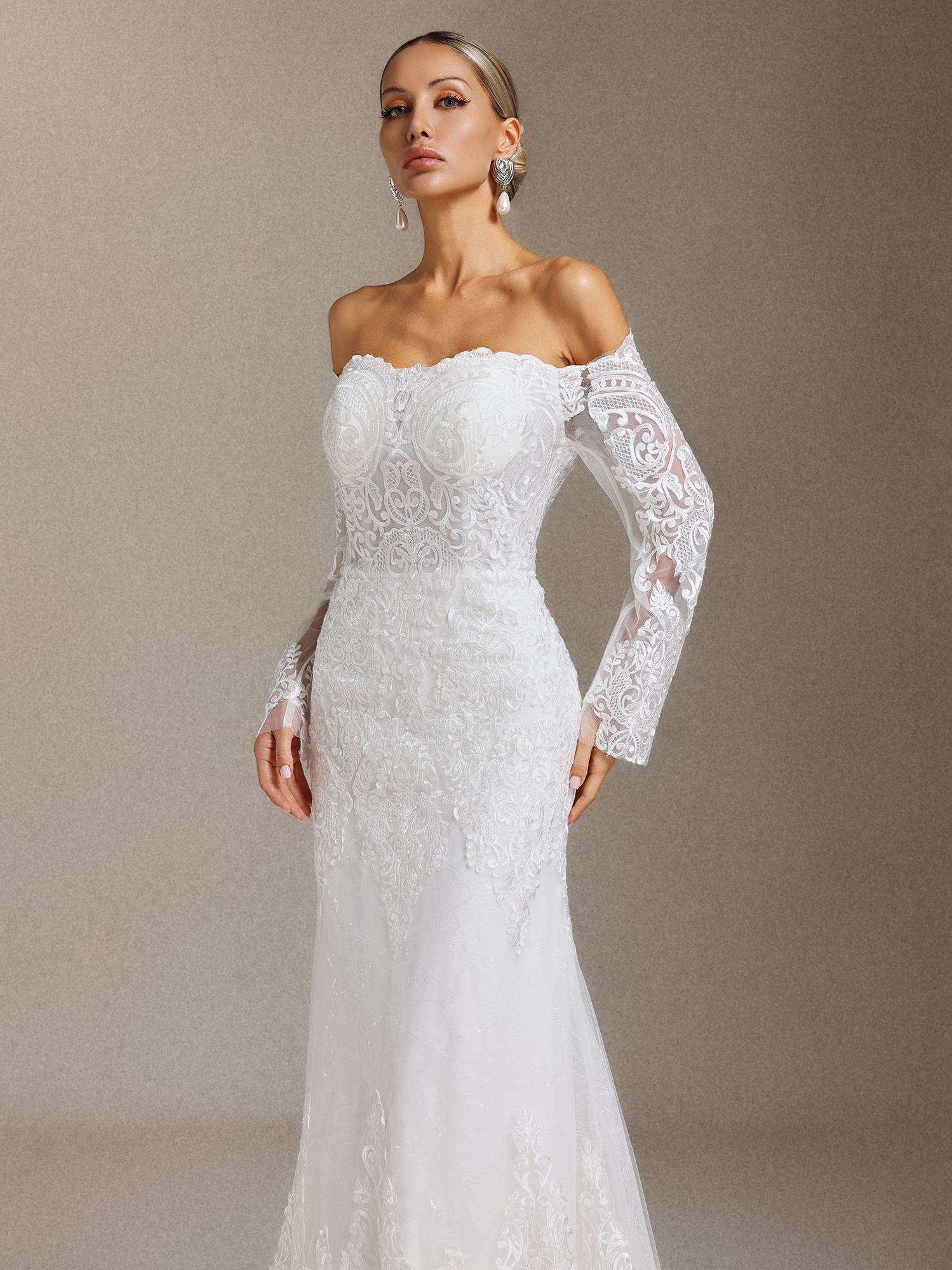Lanla Off-the-shoulder lace long-sleeved fitted maxi wedding dress