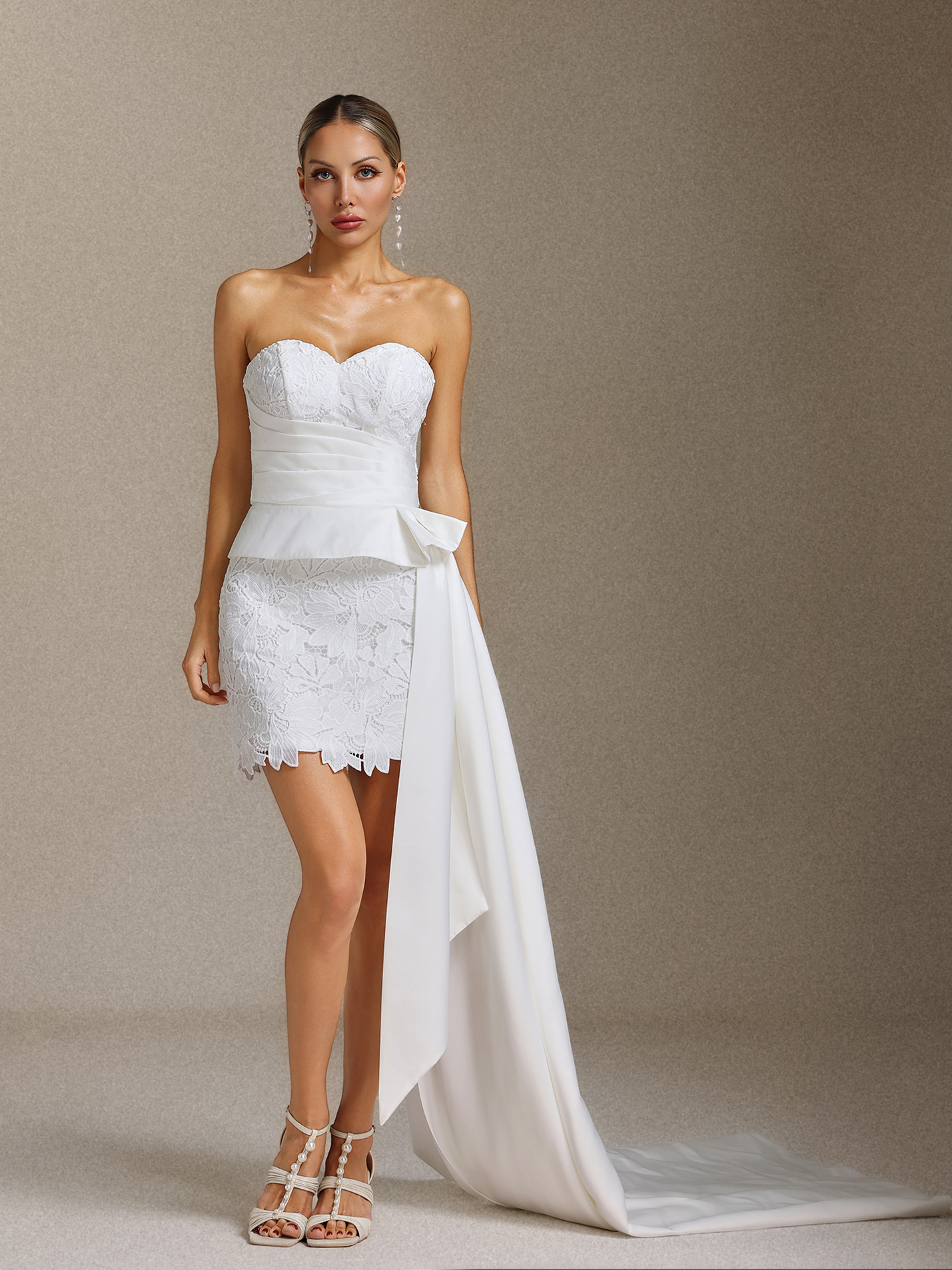 Lucy Satin lace pleated ribbon strapless mini wedding dress