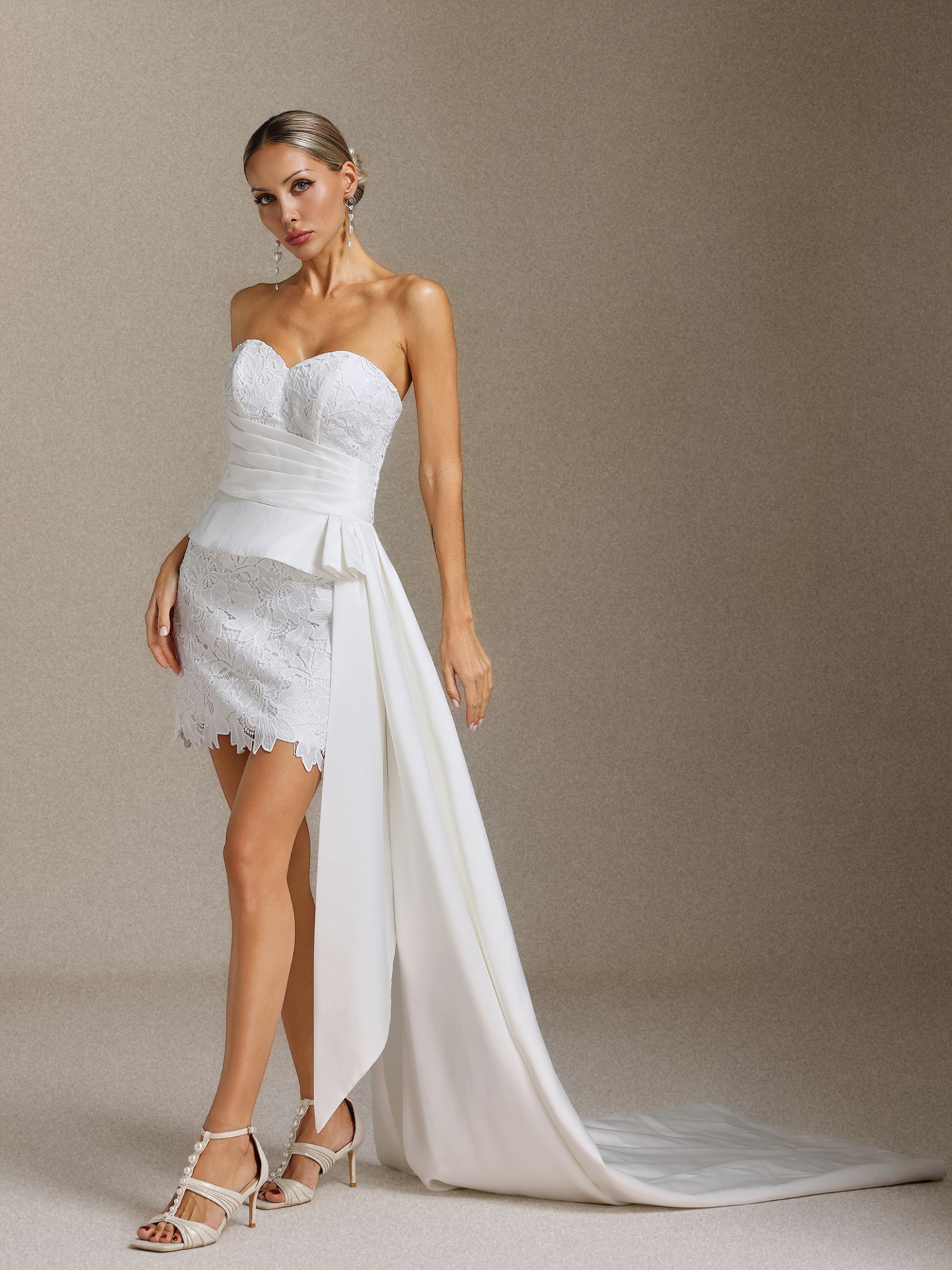 Lucy Satin lace pleated ribbon strapless mini wedding dress
