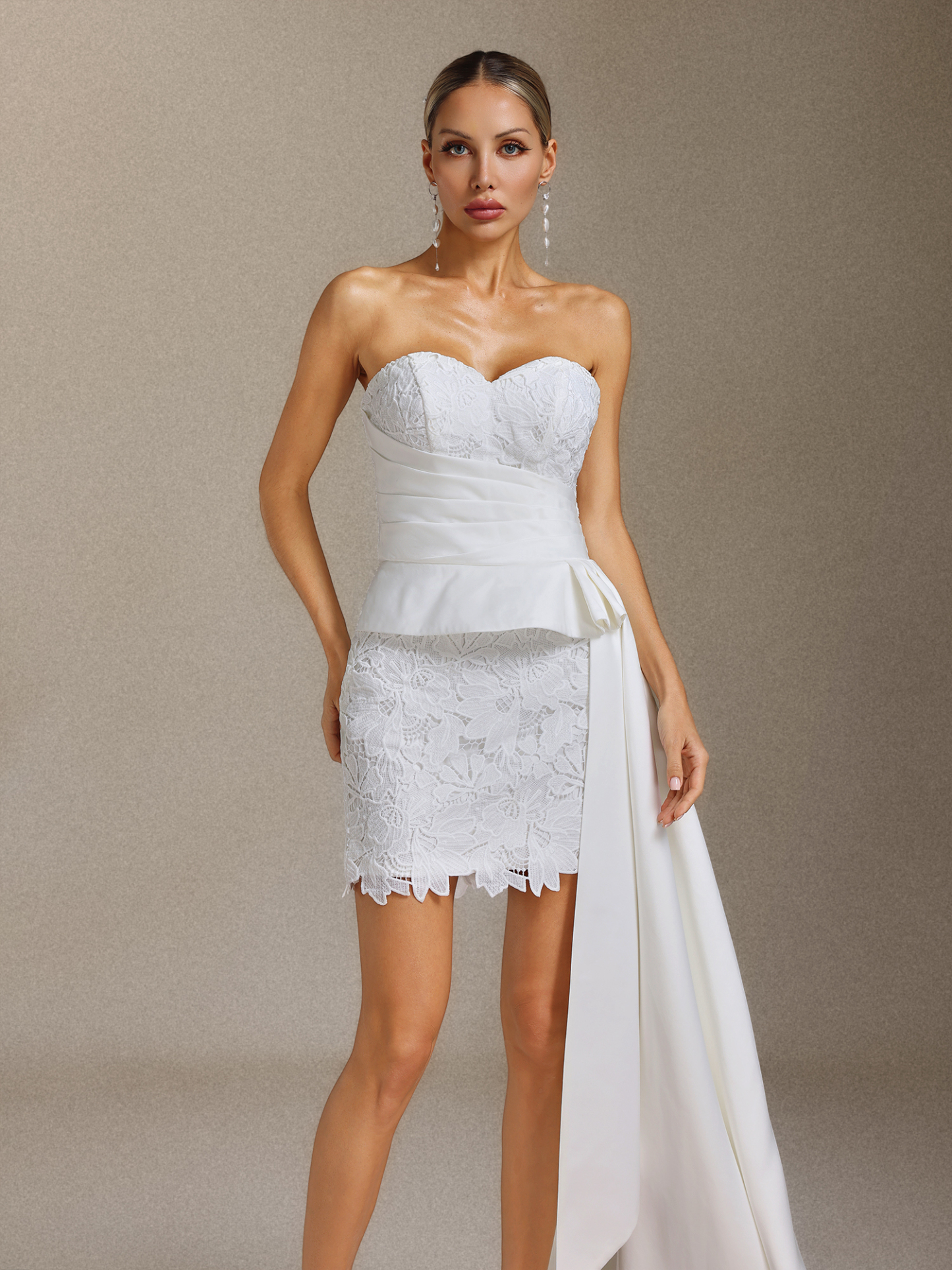 Lucy Satin lace pleated ribbon strapless mini wedding dress