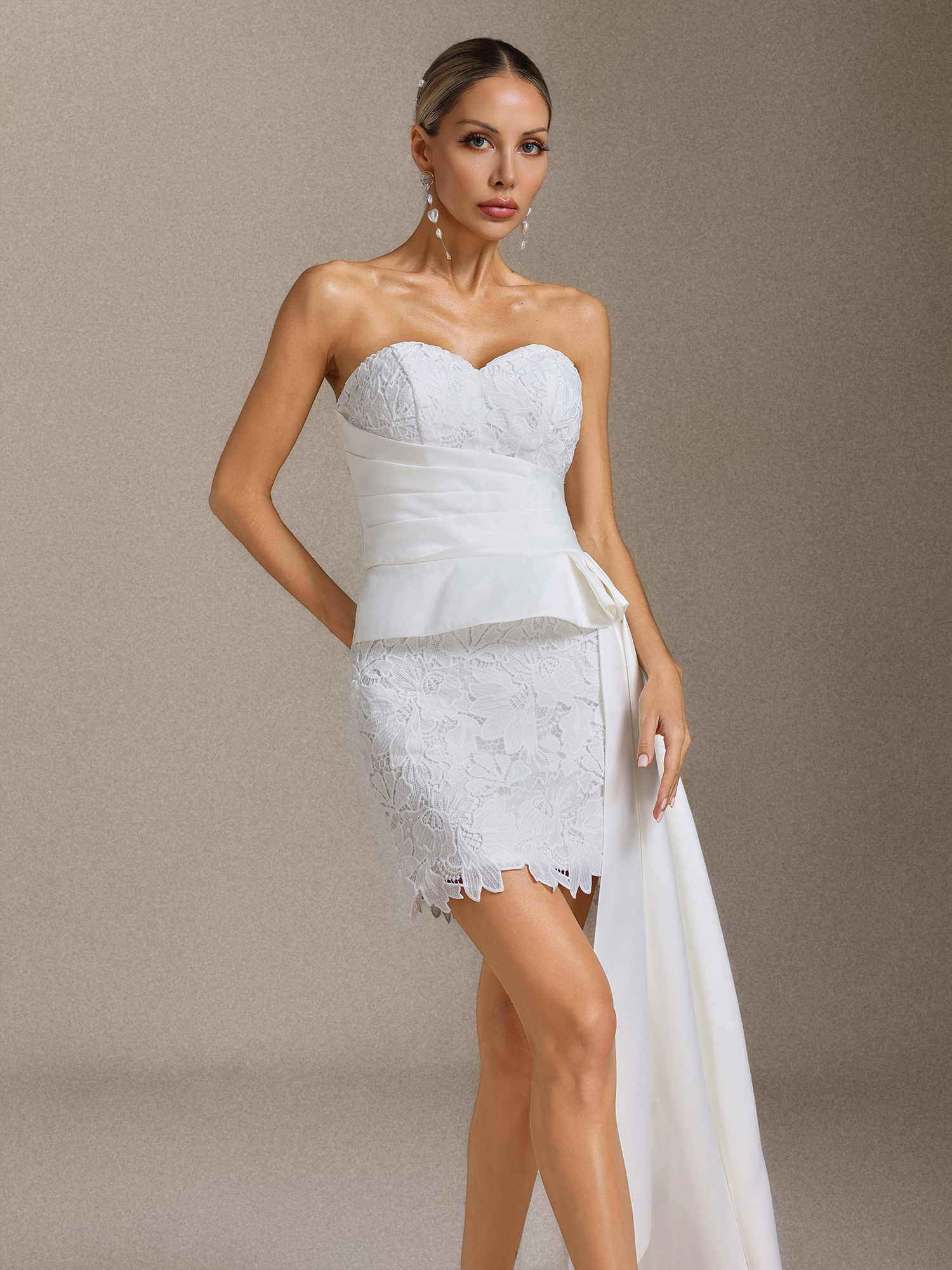Lucy Satin lace pleated ribbon strapless mini wedding dress