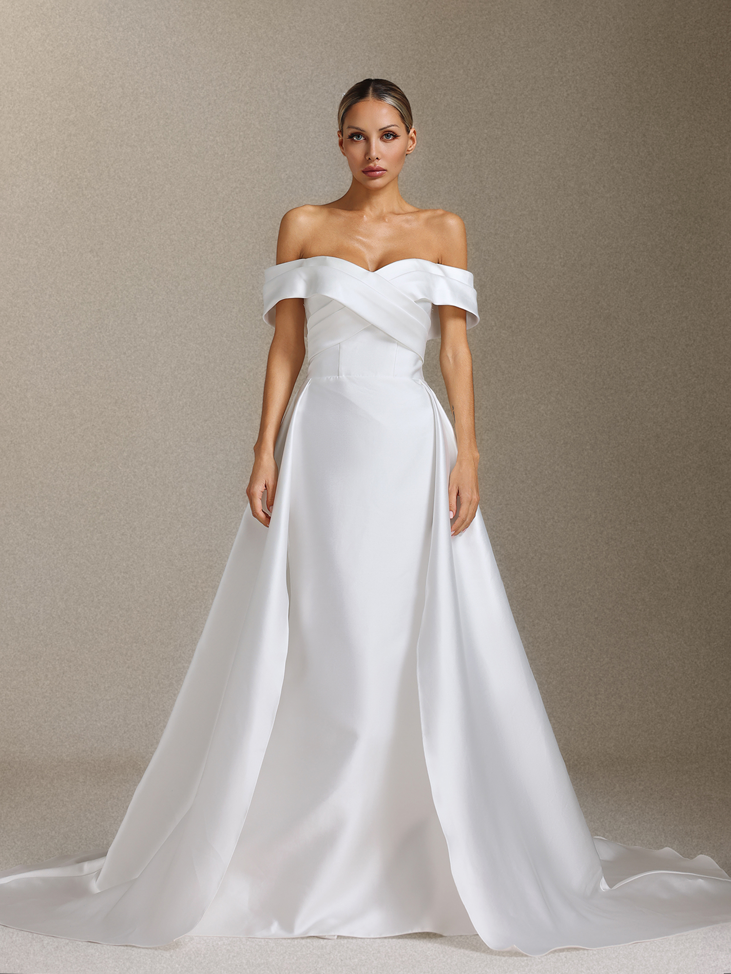 ViayaOff-the-shoulder pleated trailing maxi wedding dress