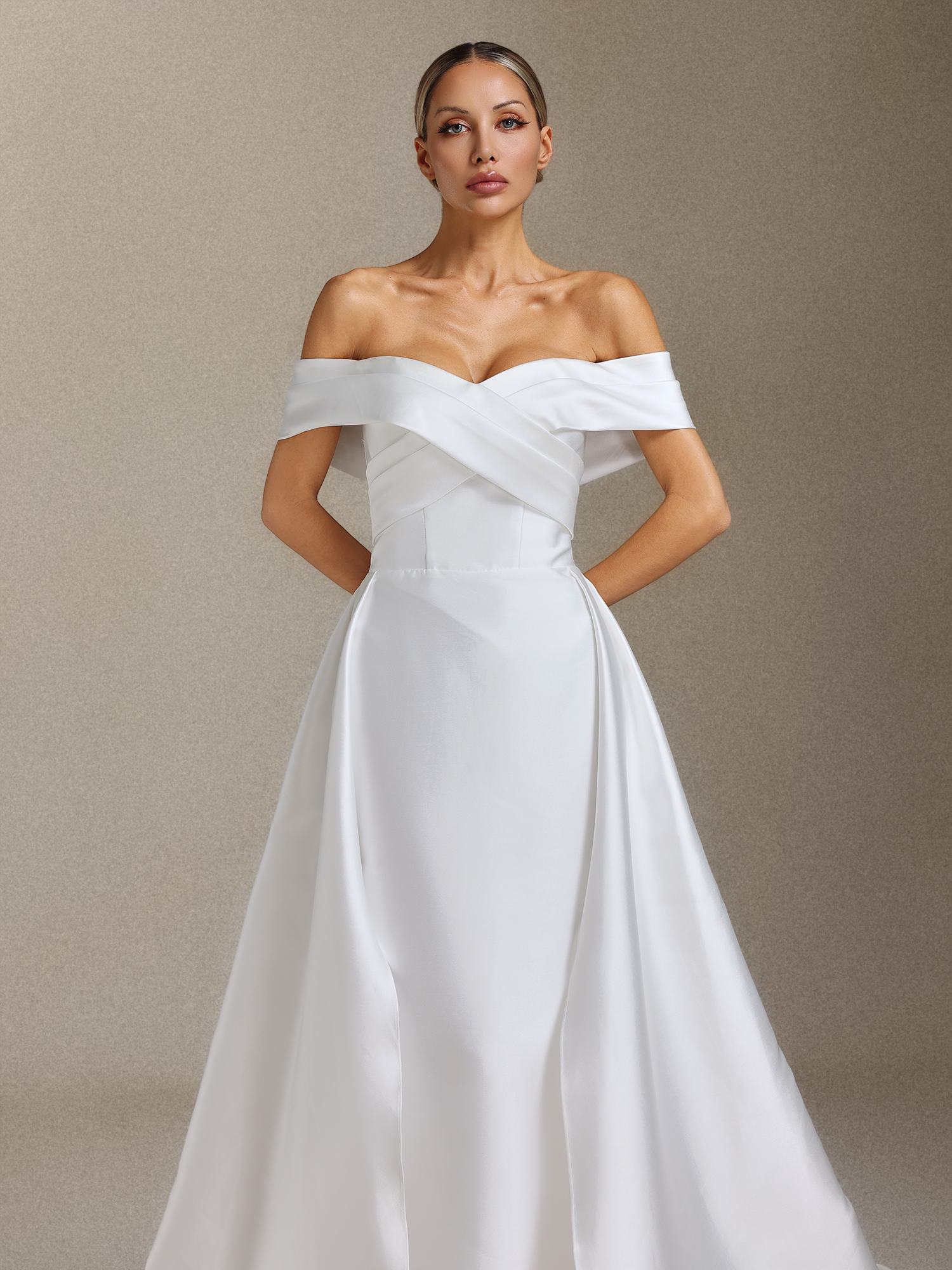 ViayaOff-the-shoulder pleated trailing maxi wedding dress
