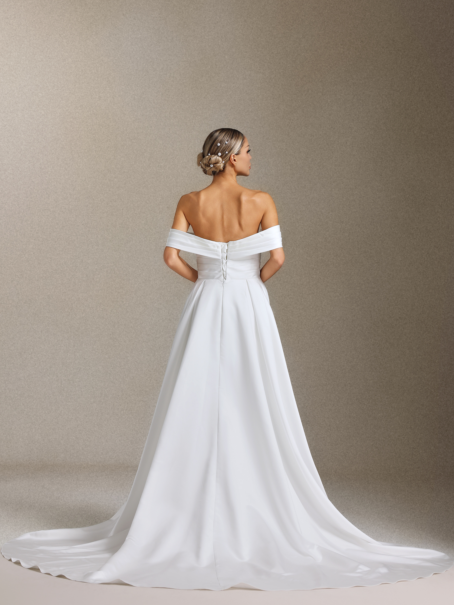 Tenley Satin off-the-shoulder slit maxi wedding dress with a tailline
