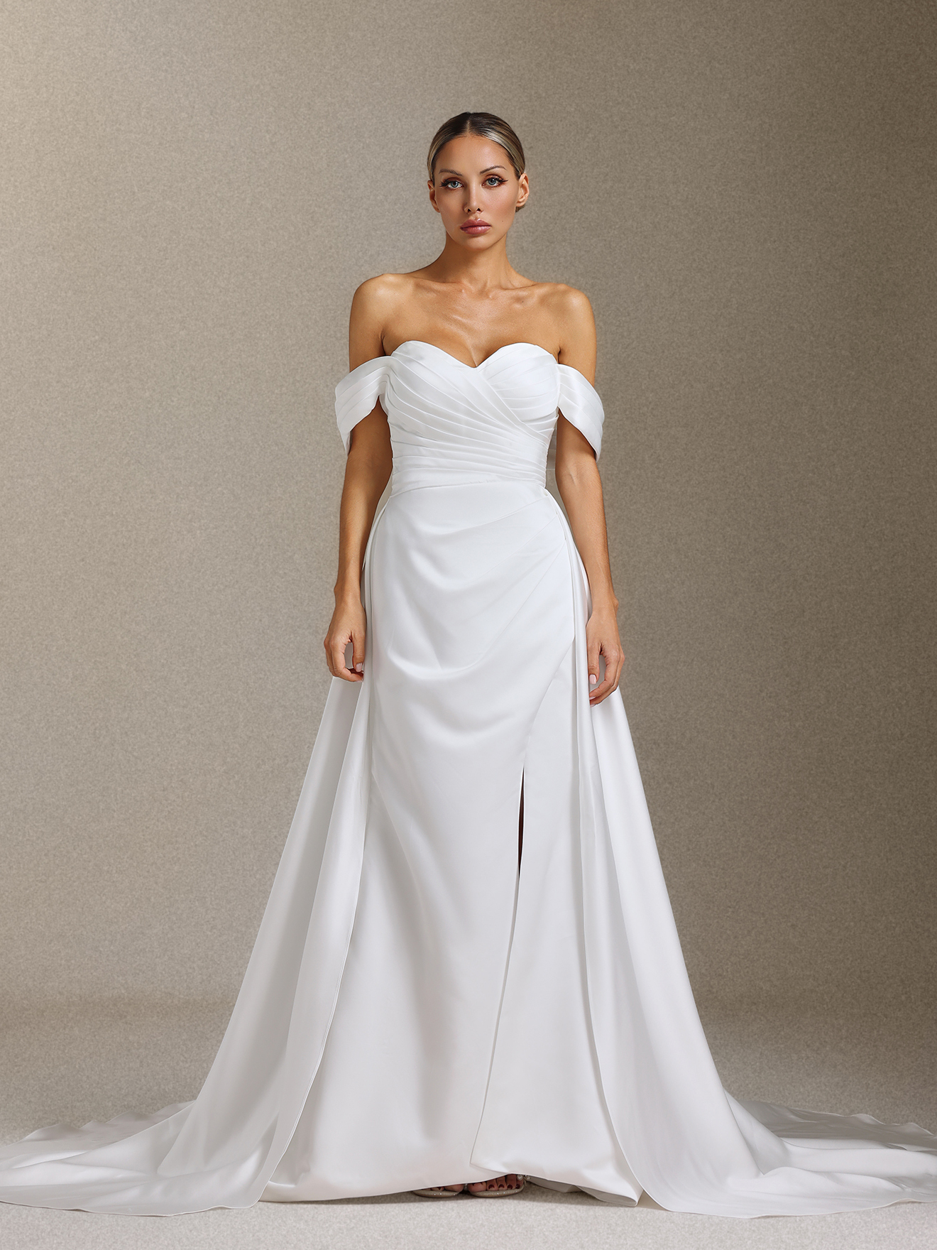 Tenley Satin off-the-shoulder slit maxi wedding dress with a tailline