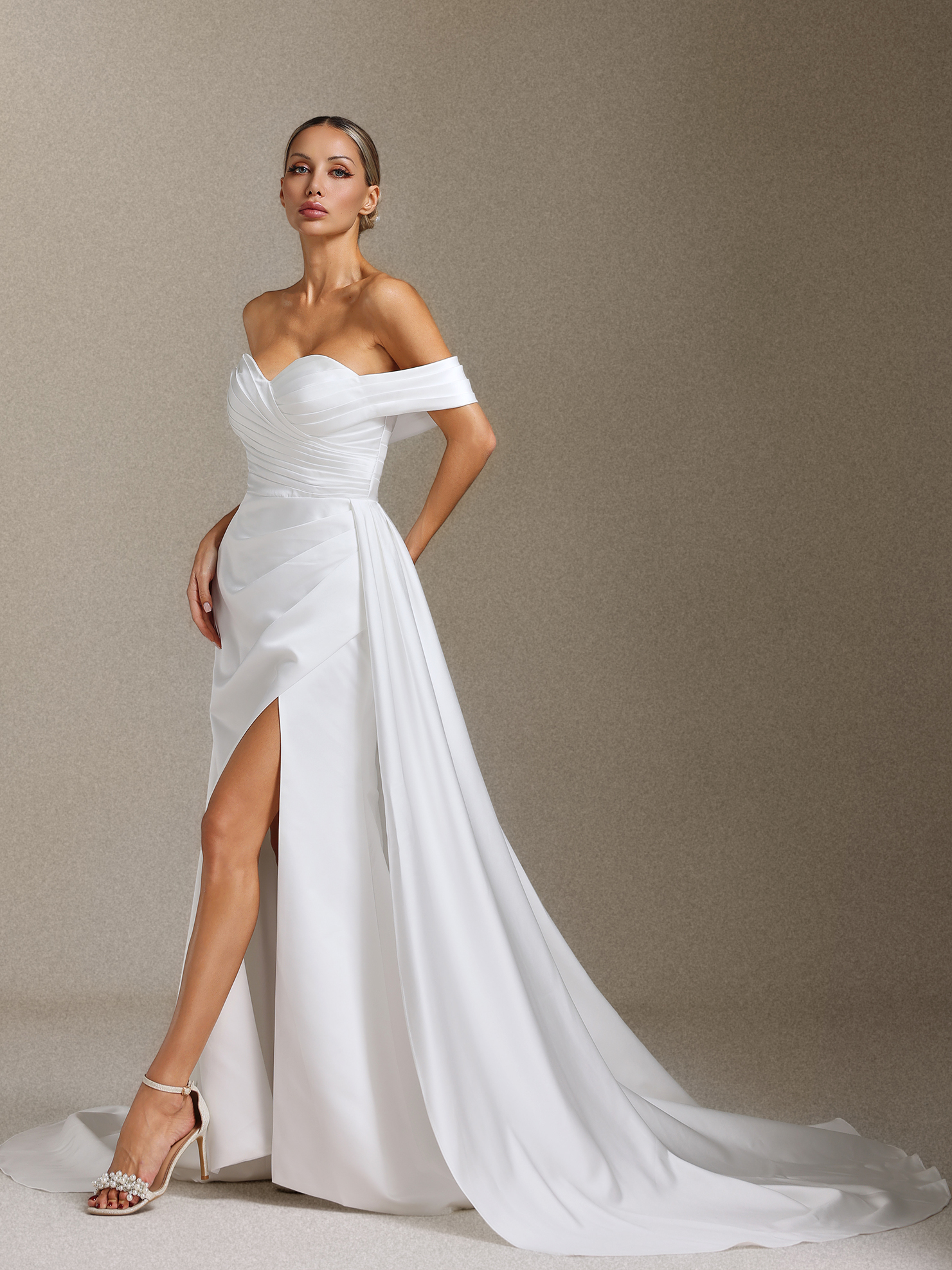 Tenley Satin off-the-shoulder slit maxi wedding dress with a tailline
