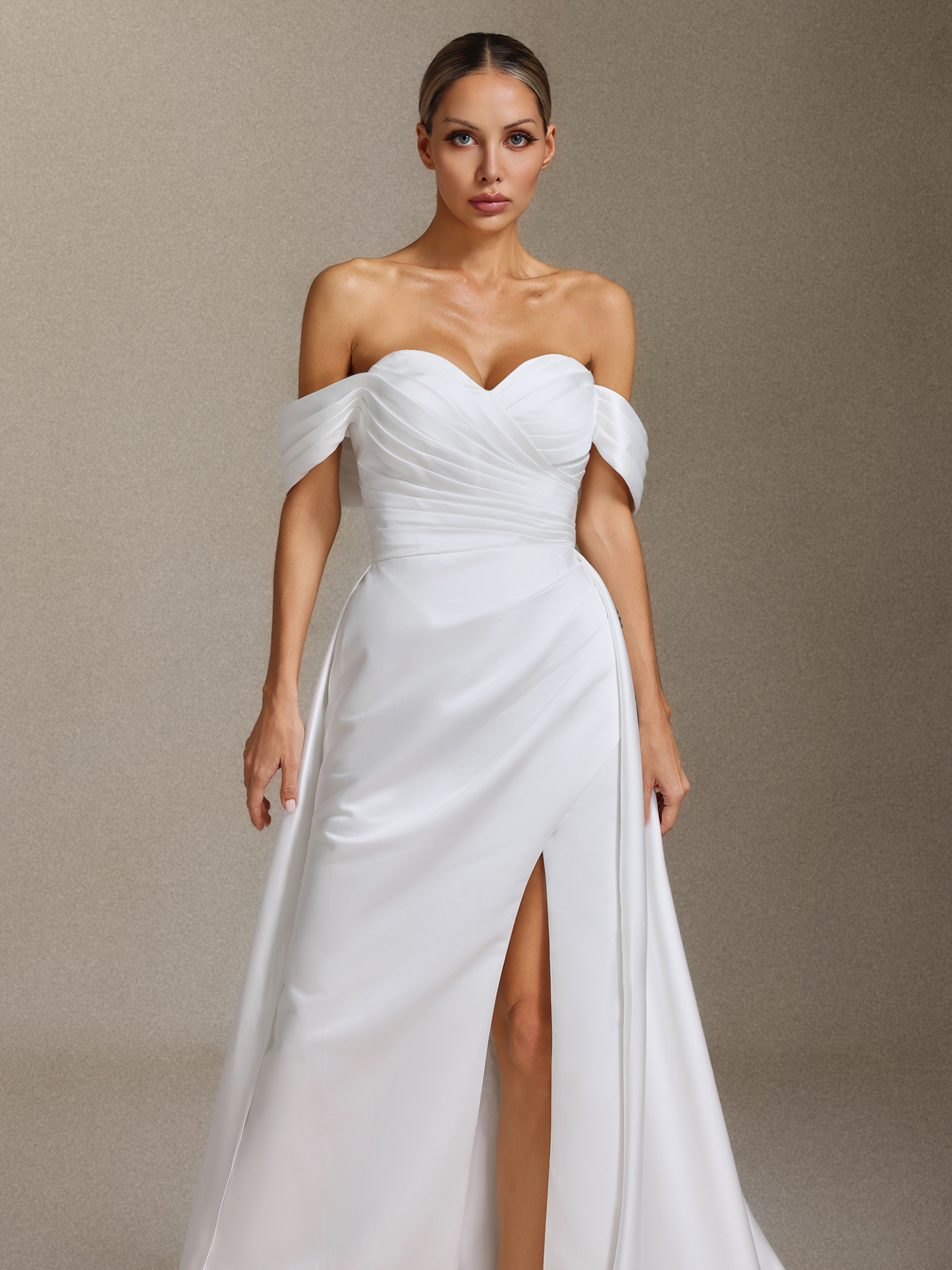 Tenley Satin off-the-shoulder slit maxi wedding dress with a tailline