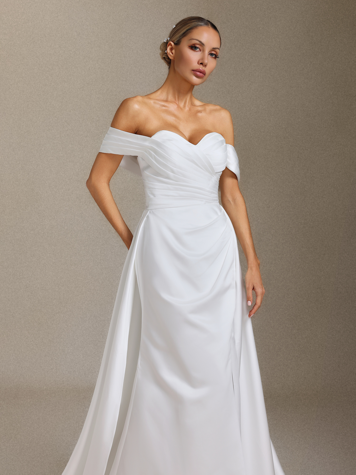 Tenley Satin off-the-shoulder slit maxi wedding dress with a tailline