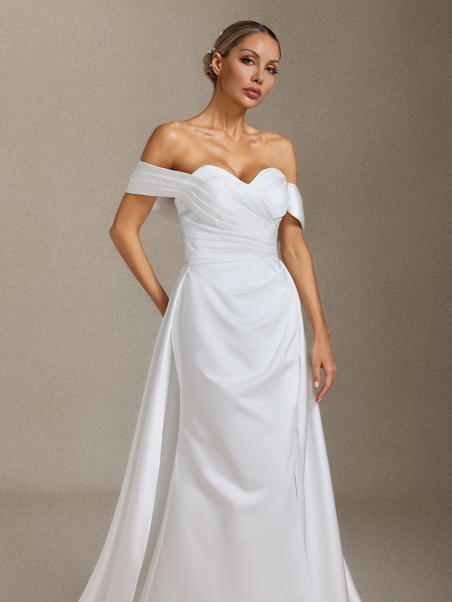 Tenley Satin off-the-shoulder slit maxi wedding dress with a tailline