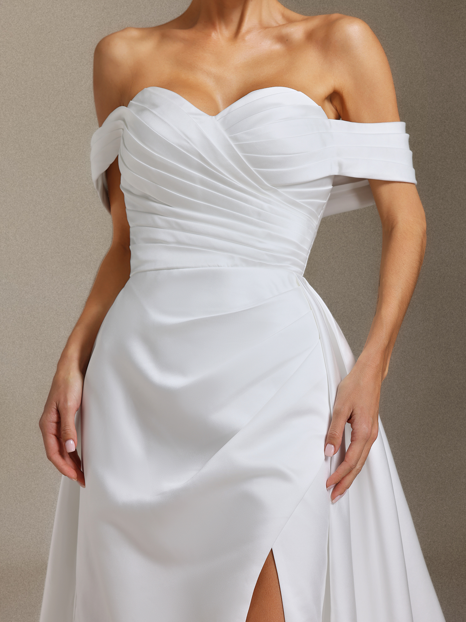 Tenley Satin off-the-shoulder slit maxi wedding dress with a tailline