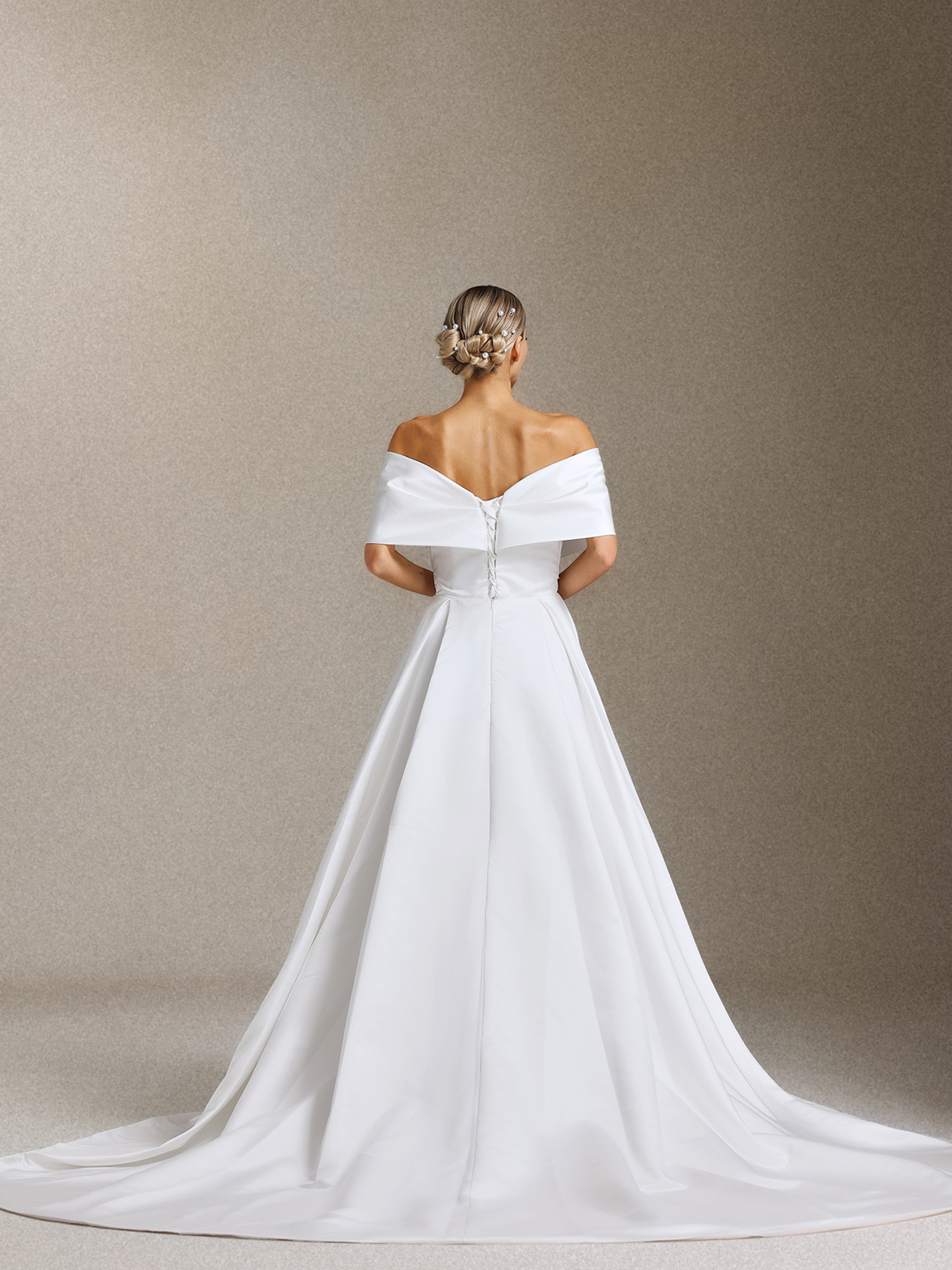 Qerly Satin off-the-shoulder pleated tailline maxi wedding dress