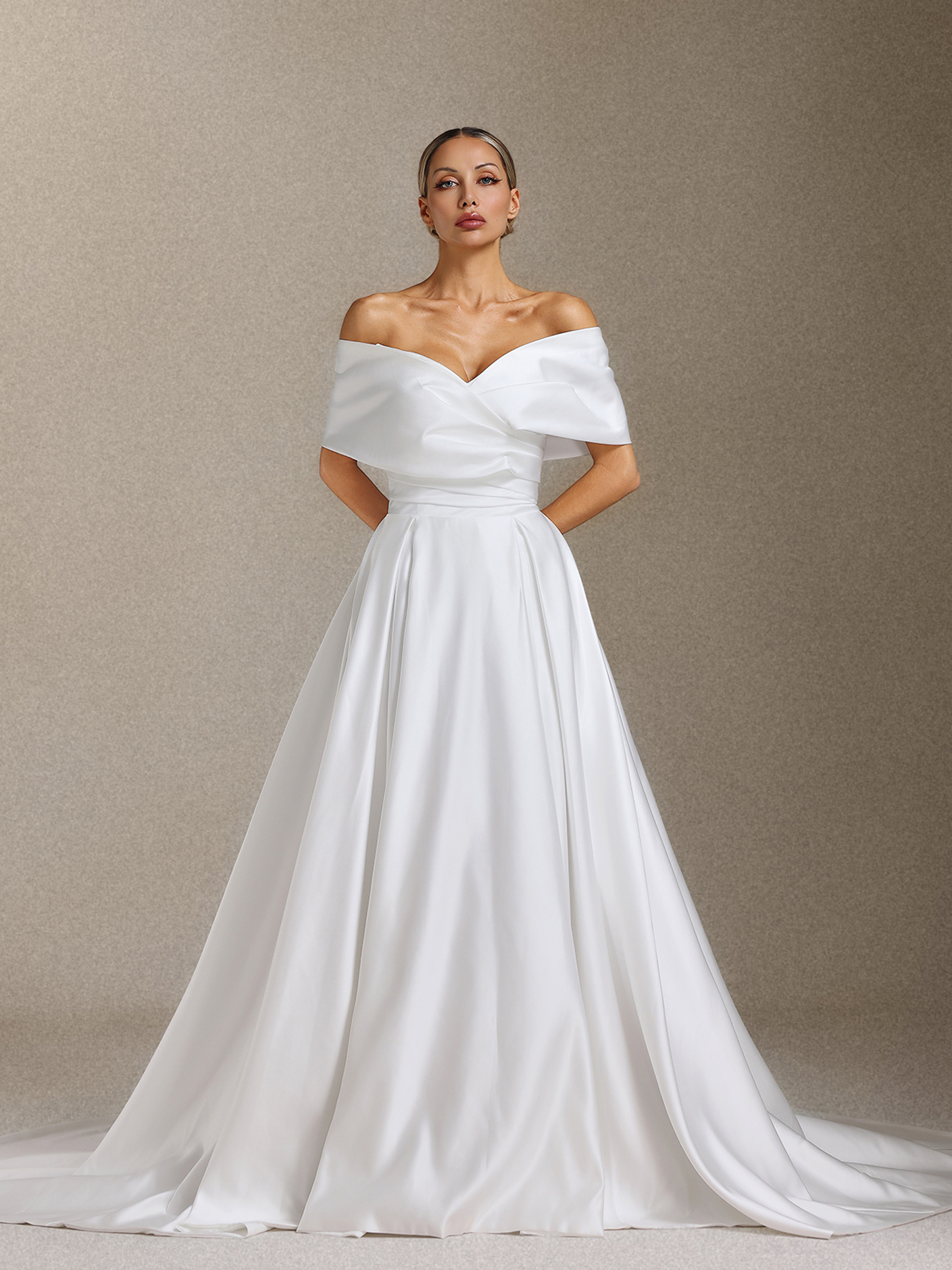 Qerly Satin off-the-shoulder pleated tailline maxi wedding dress