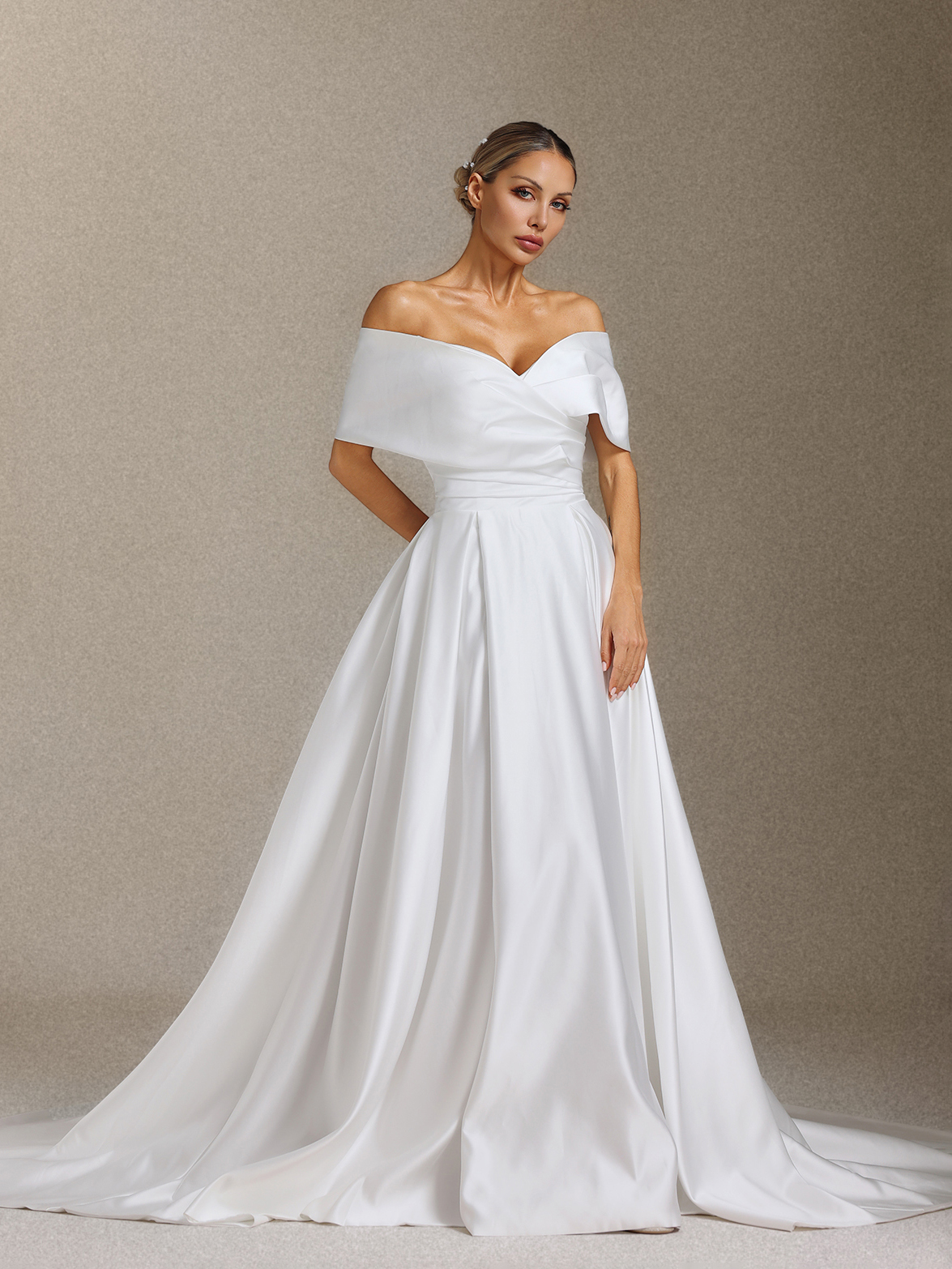 Qerly Satin off-the-shoulder pleated tailline maxi wedding dress
