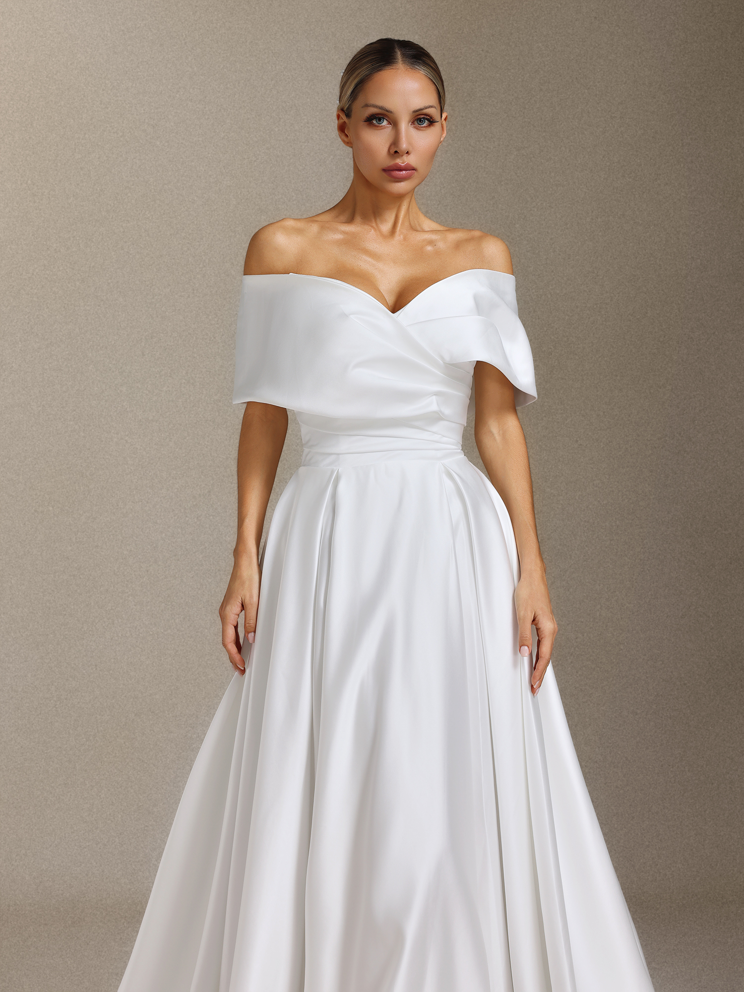 Qerly Satin off-the-shoulder pleated tailline maxi wedding dress